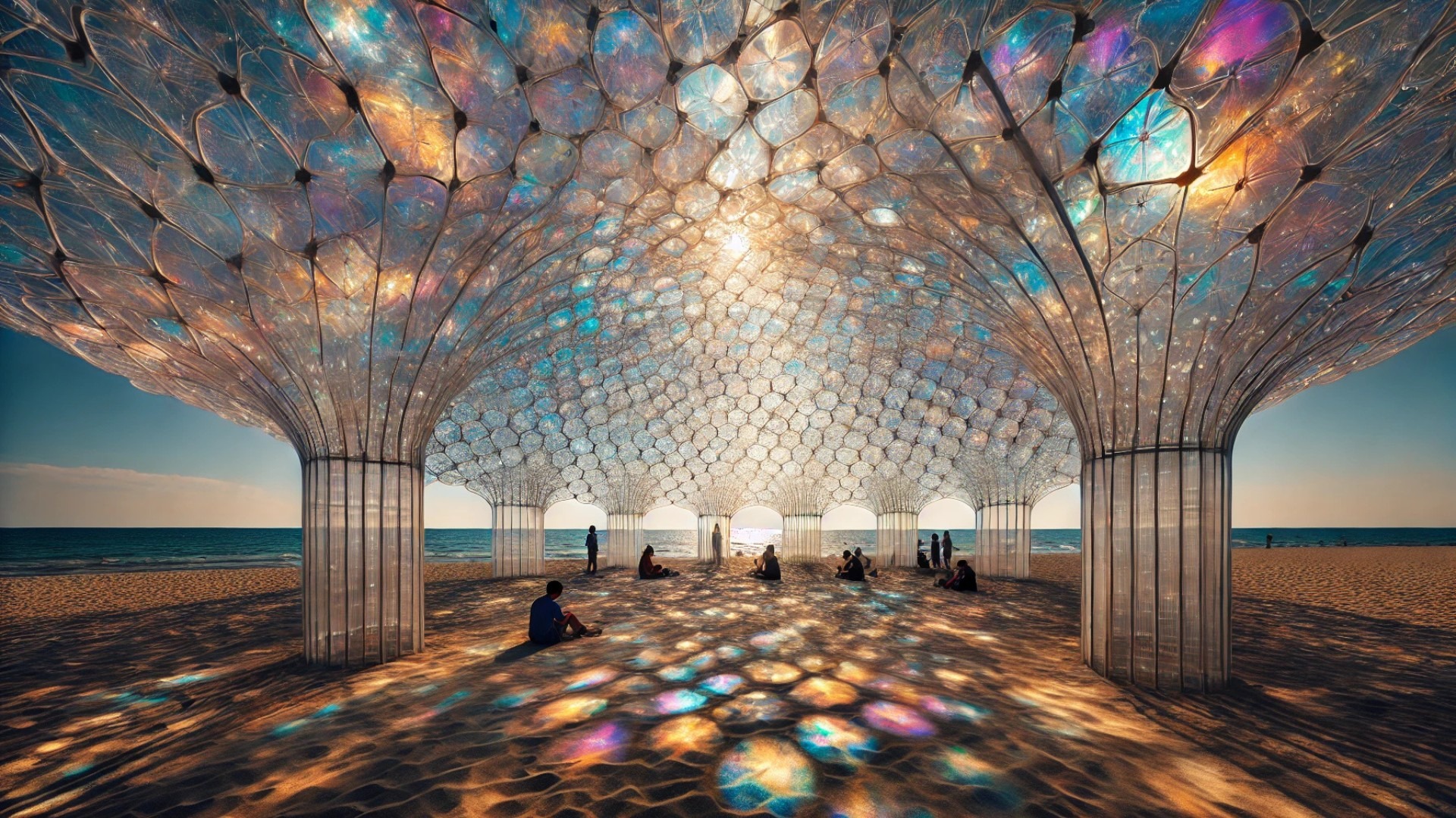 interior view of the Art Dome Pavilion, highlighting the iridescent light play and tranquil atmosphere within