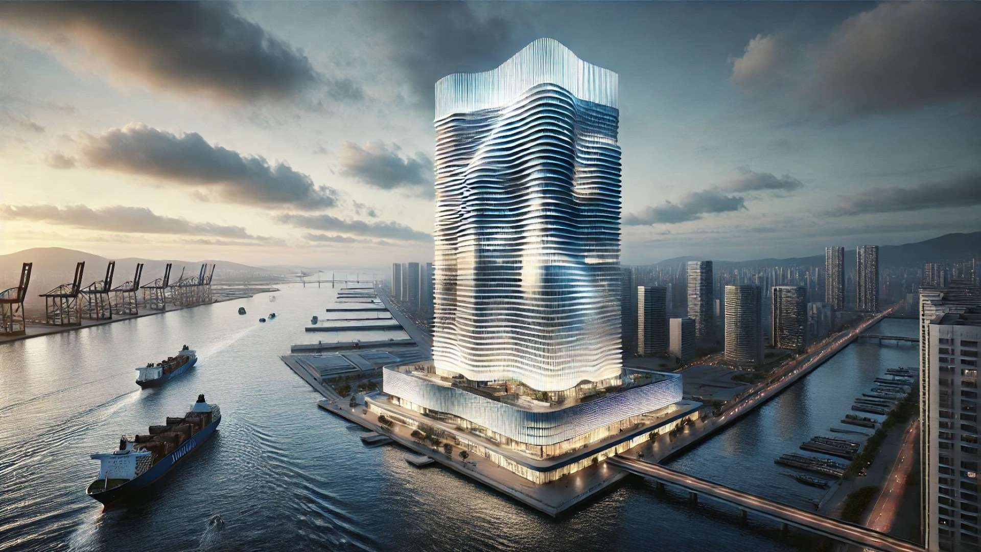 capturing the elegance and coastal harmony of the Lotte Tower in Busan, inspired by Kengo Kuma’s design