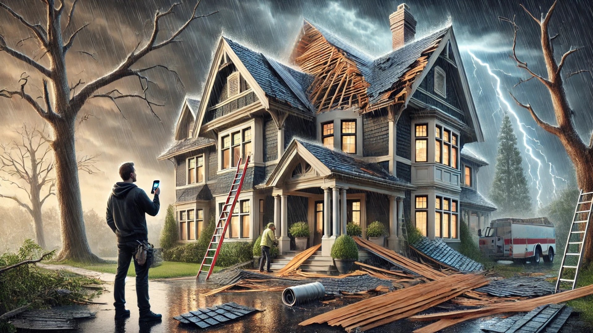 illustration depicting the aftermath of a storm on a historic-style home, highlighting the inspection and documentation process for roof damage