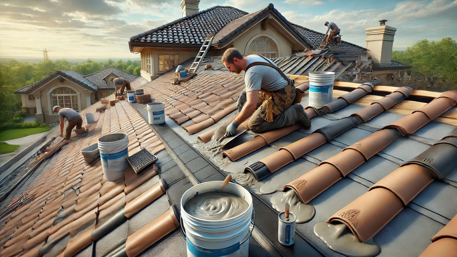 showing the precise application of roof tile adhesive during installation, emphasizing craftsmanship, durability, and attention to detail