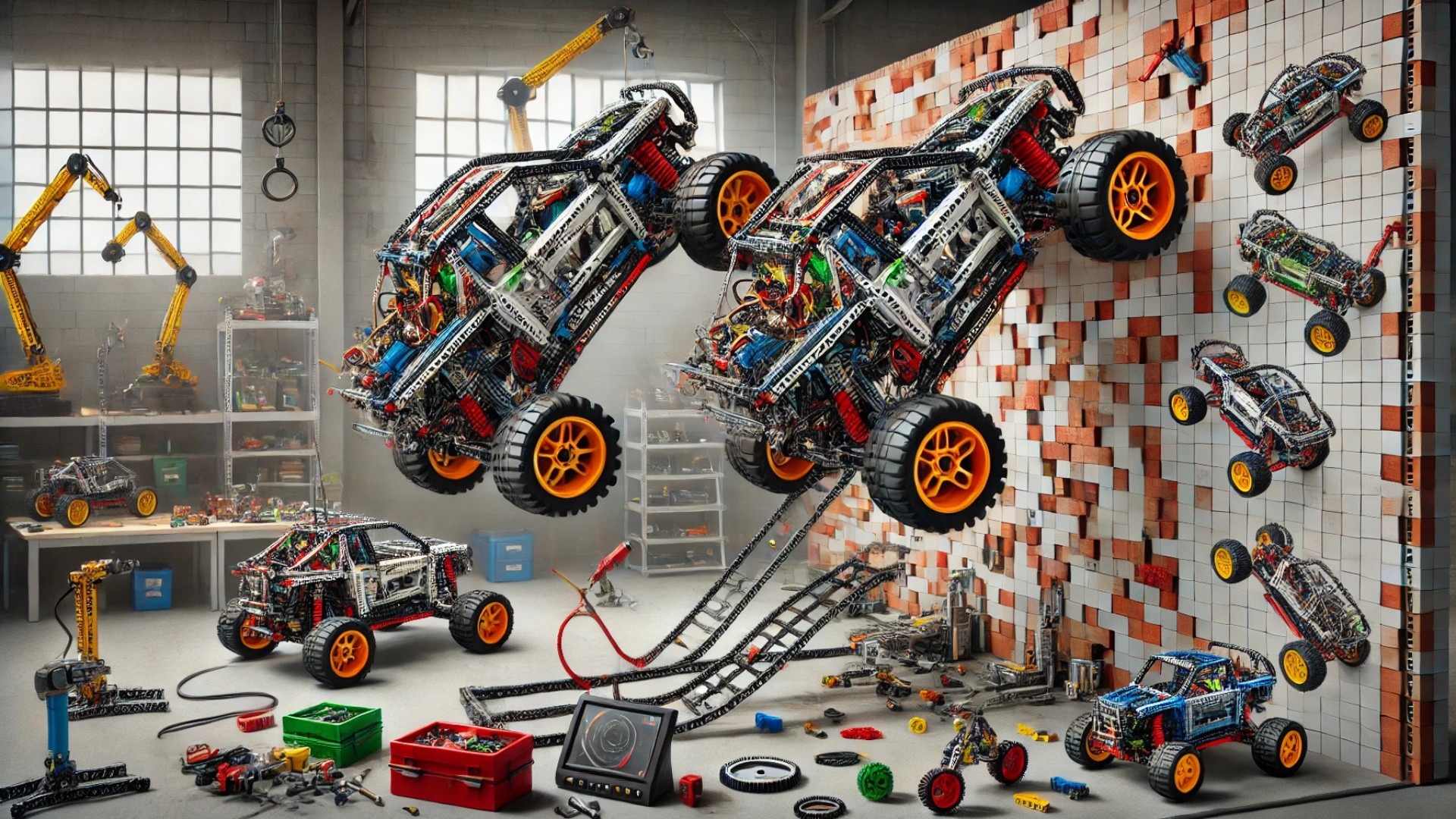 LEGO Technic wall-climbing vehicles in action, capturing both the engineering ingenuity and the playful creativity of the builds