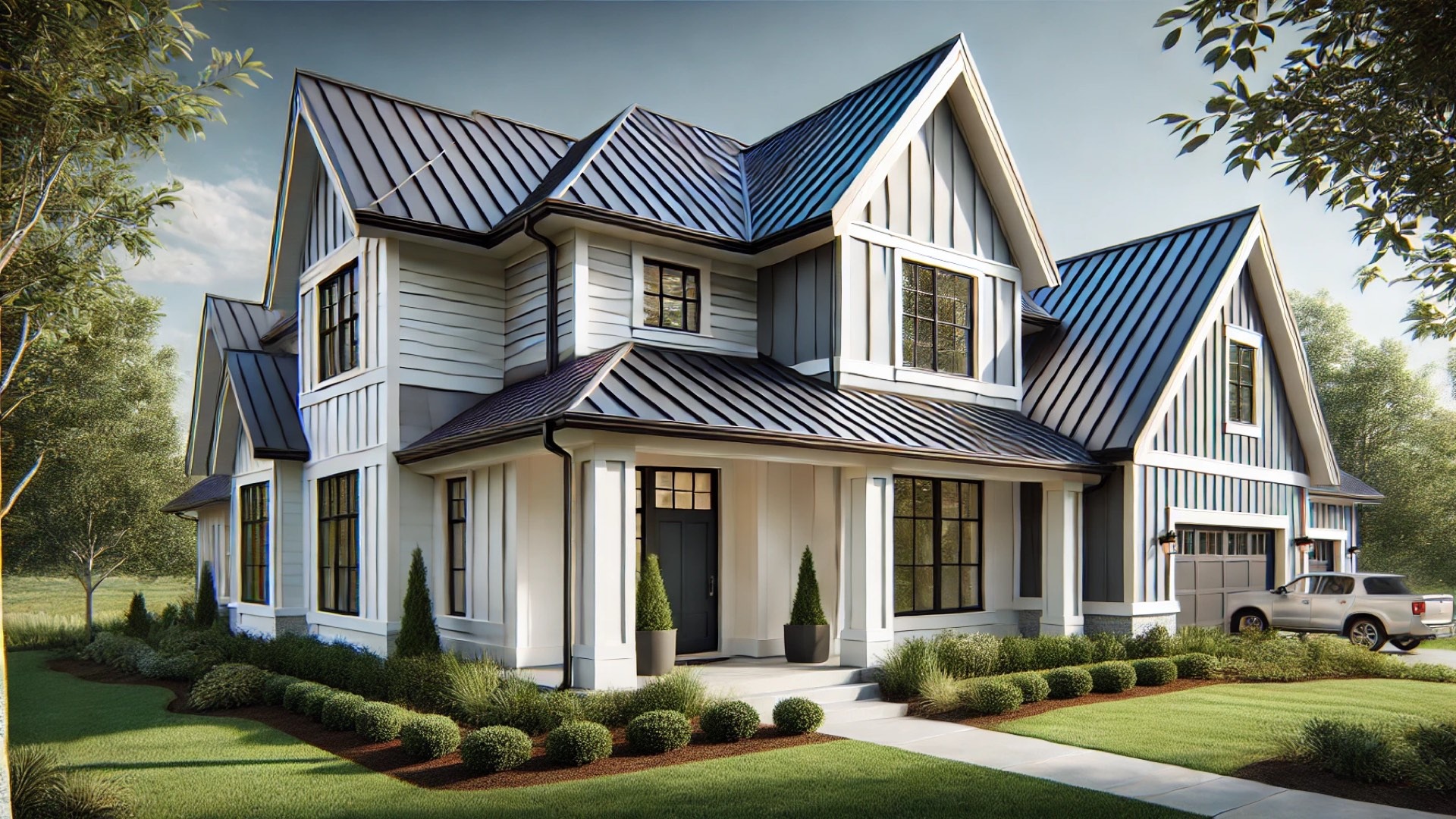upscale home with crisp white vinyl siding, a bold dark metal roof, and elegant coordinated accents