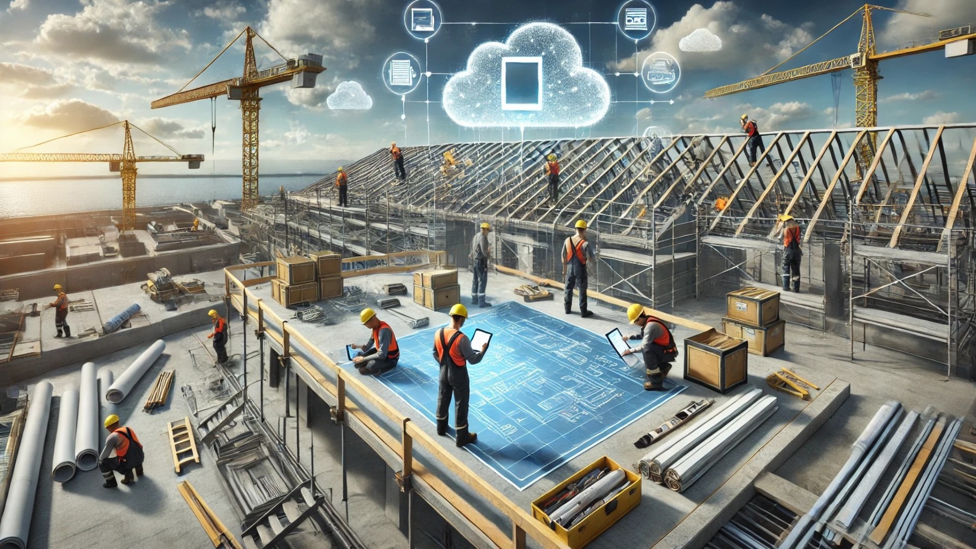 interpretation of a construction site integrating digital document management with roofing work in progress