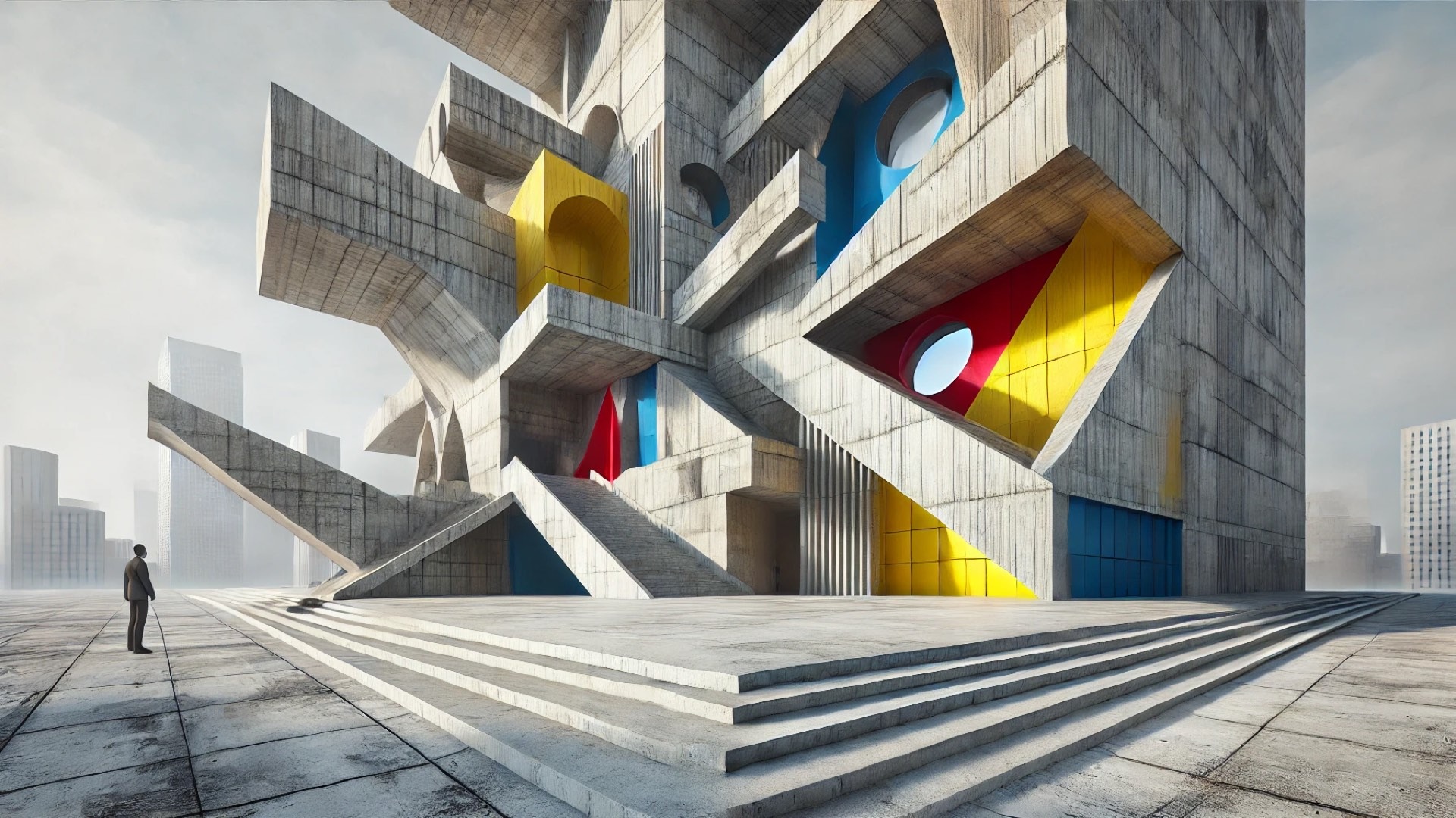 Clorindo Testa-inspired architecture, blending bold primary colors with raw concrete in dynamic, asymmetrical forms