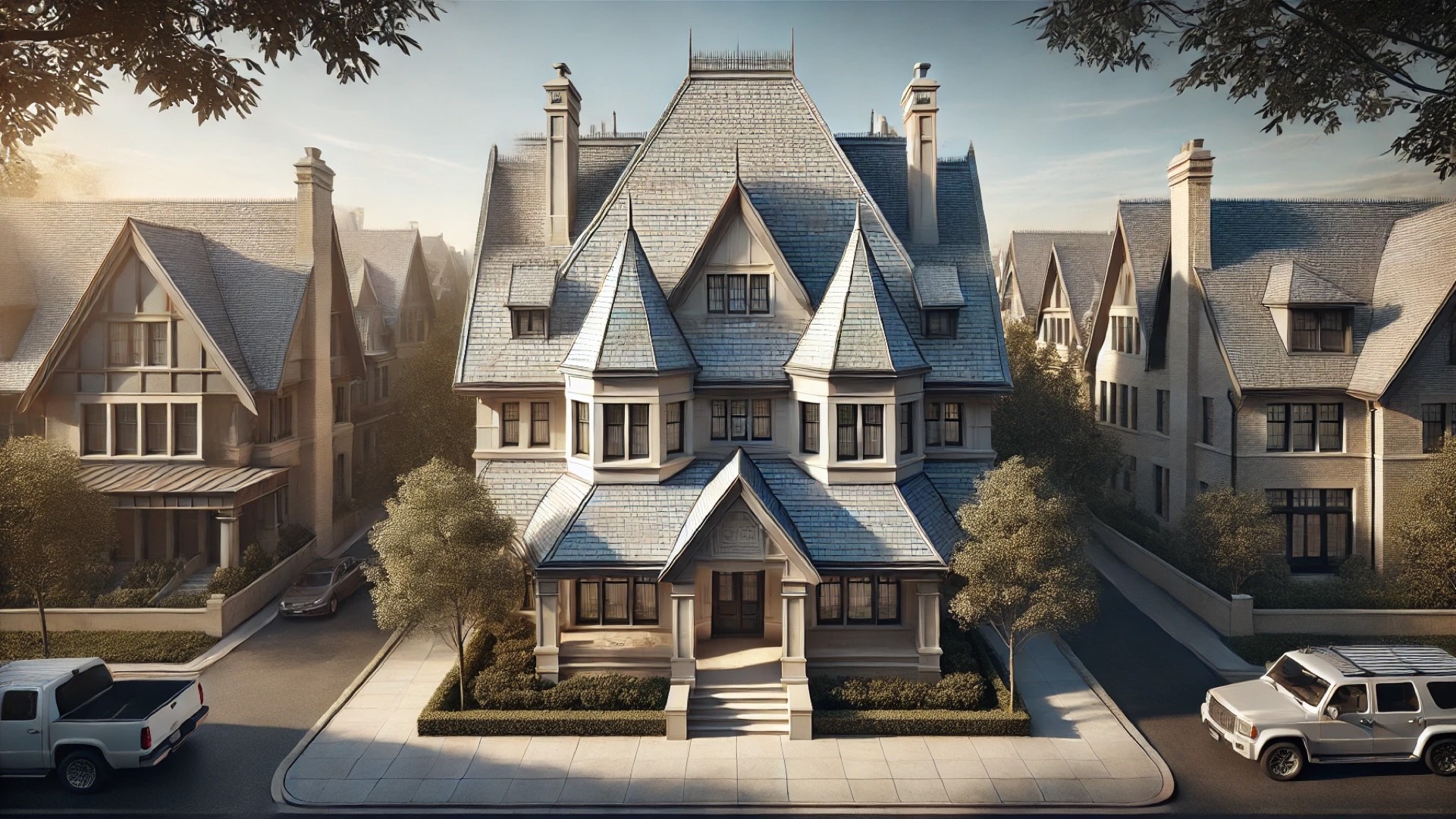 highlighting the refined roof pitch design in a luxury historic-style home setting