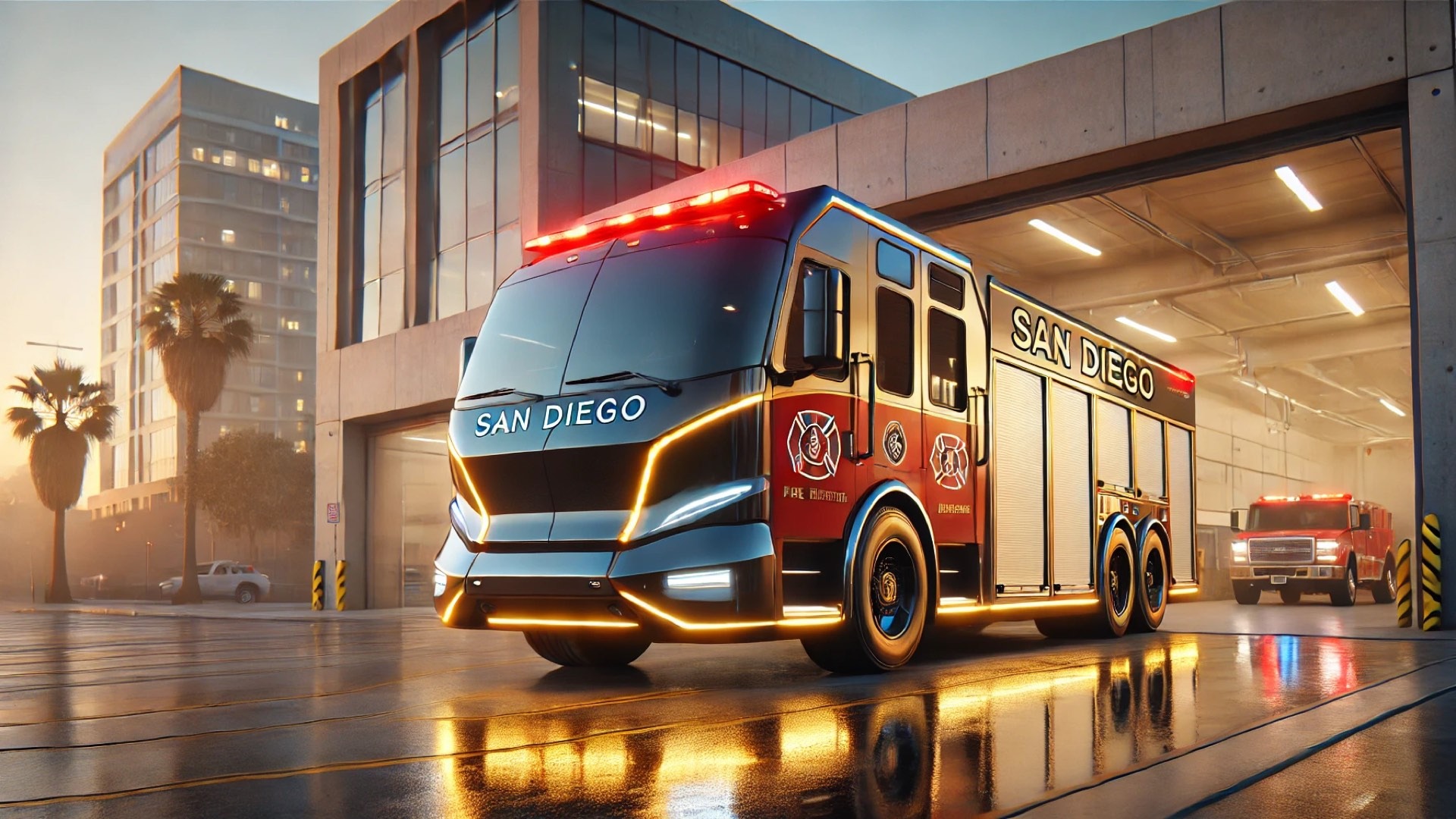 San Diego’s first all-electric fire apparatus in a cinematic twilight setting