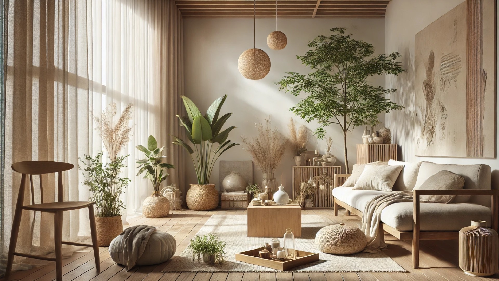 non-toxic living concept, showing a bright, minimal, eco-conscious home interior filled with natural materials, plants, organic fabrics, and sunlight