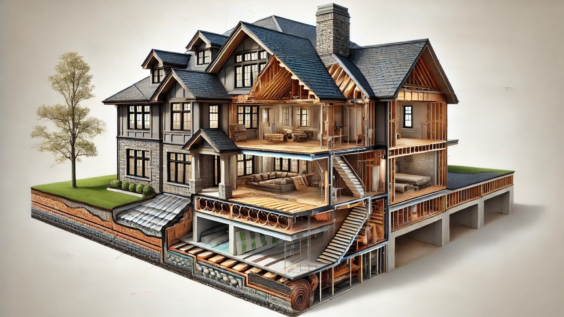 cross-section illustration of a luxury roof system, showing detailed layers from high-end shingles to insulation and structural rafters