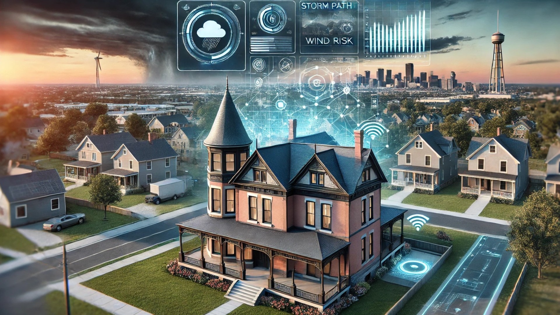 AI-powered storm prediction systems in action on an upscale property, blending architectural elegance with advanced technology