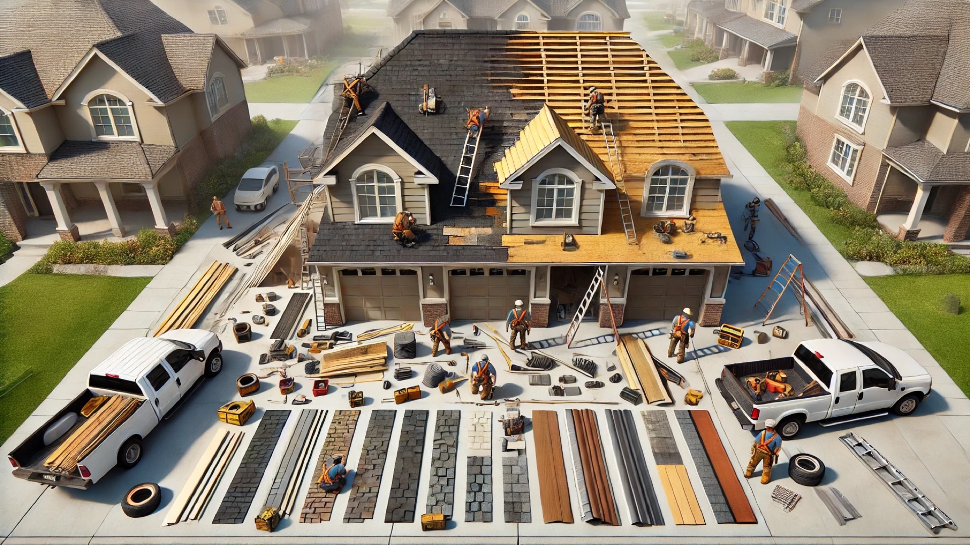 roof replacement process in progress, with a clear contrast between old and newly installed materials, visible contractor activity, and roofing samples displayed on-site
