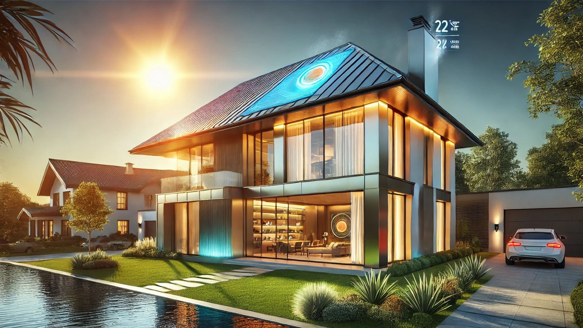 upscale home featuring reflective metal roof, visually capturing the concept of solar reflectance and cool roof technology on a bright summer day