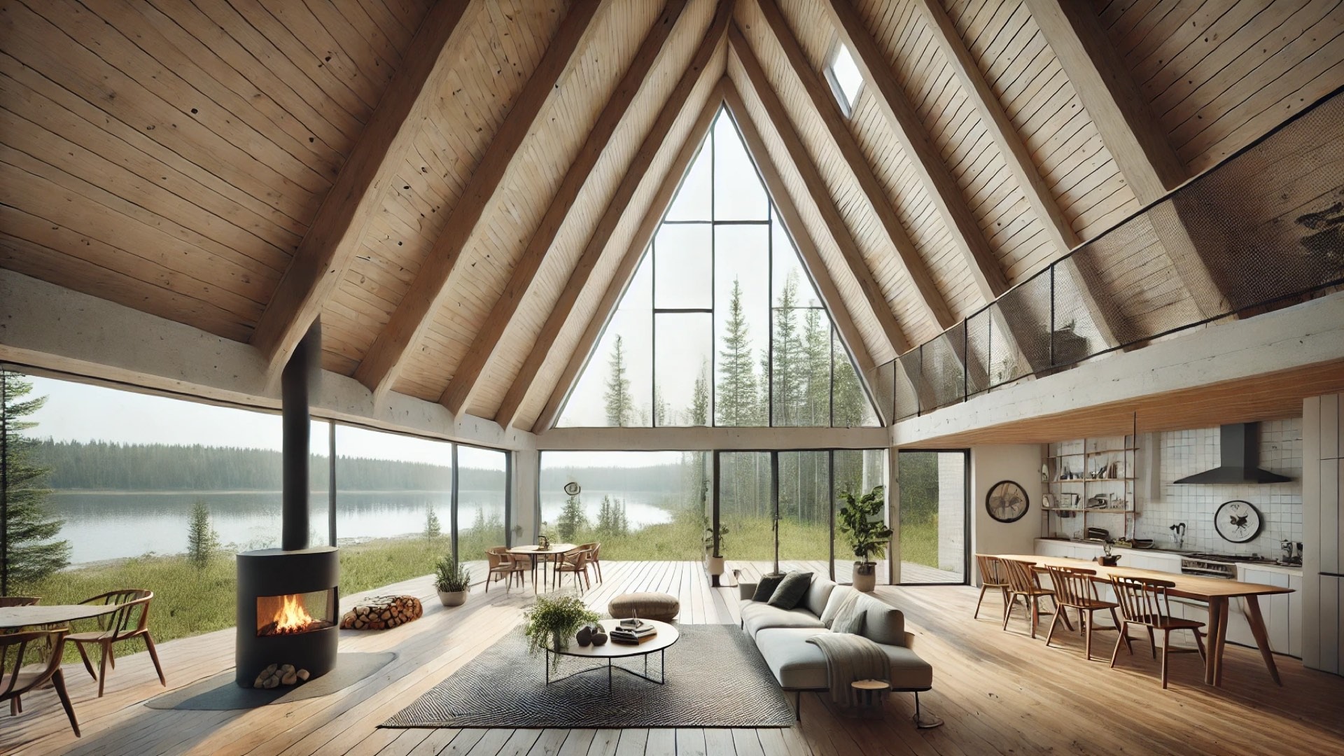 interior viewsof a modern A-frame house, highlighting its cozy, light-filled atmosphere with sustainable materials and rustic-modern design