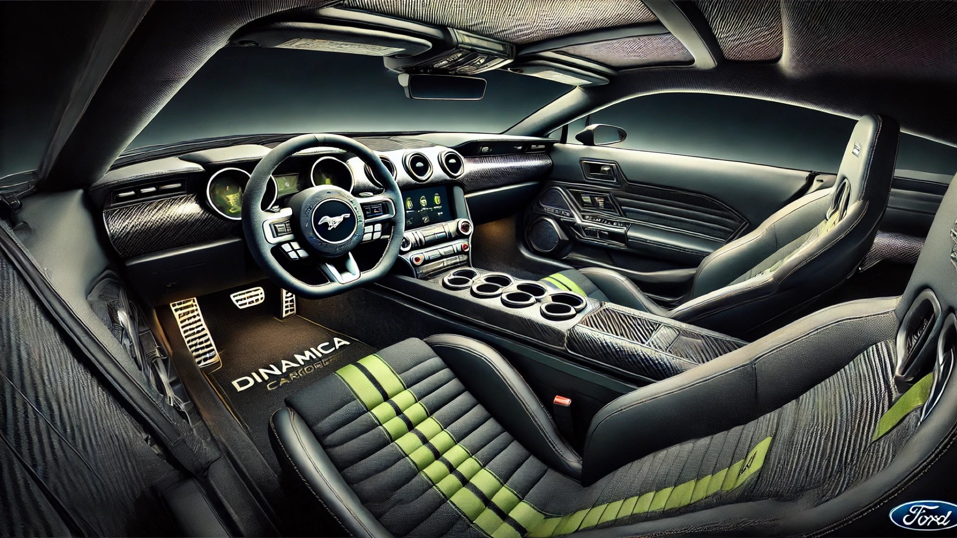 interior view of the 2025 Ford Mustang GTD Liquid Carbon, highlighting its luxurious materials, exposed carbon fiber detailing, and performance-oriented layout