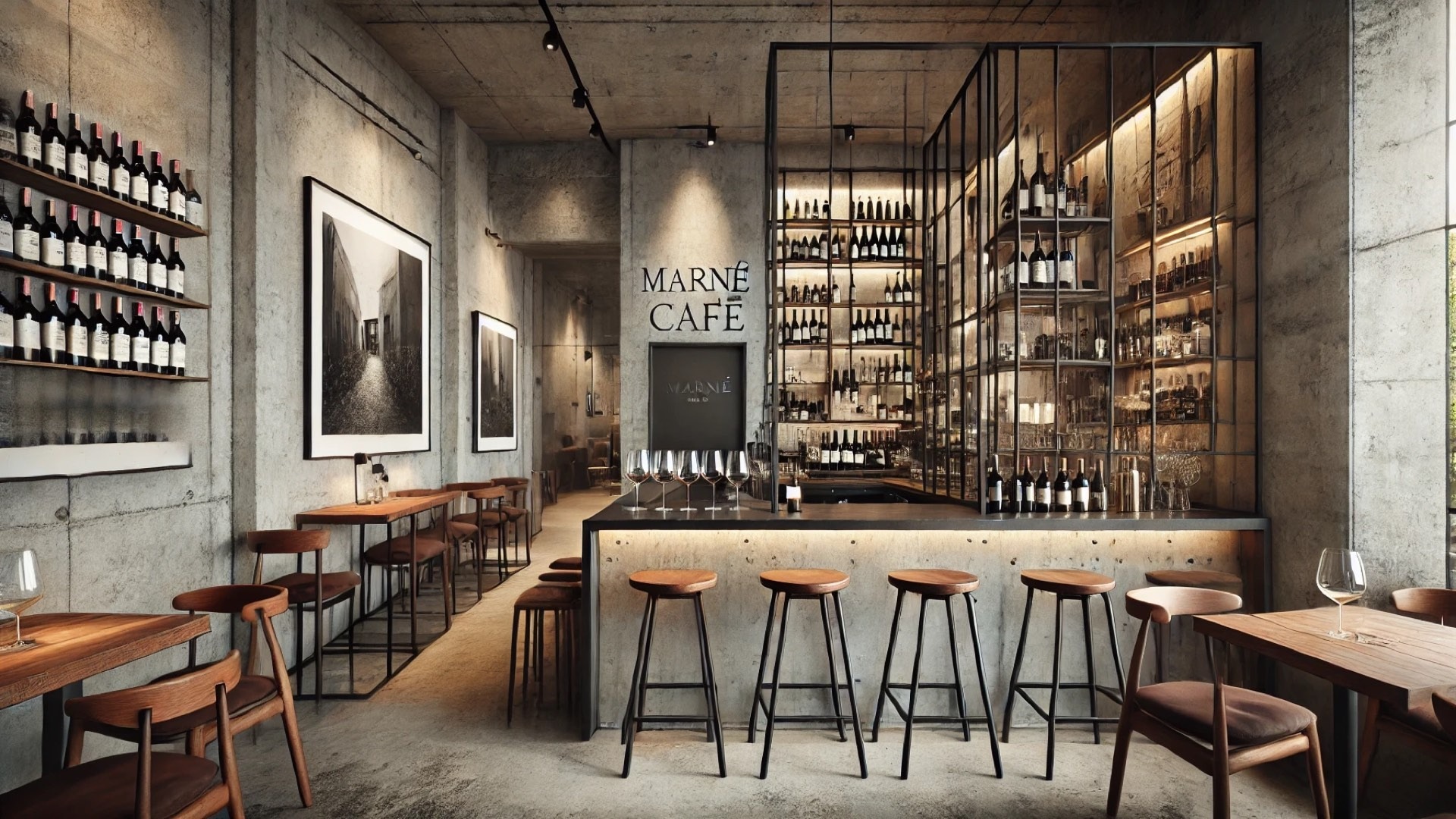 intimate wine bar inside Marne Café, capturing the warm, tactile, and brutalist aesthetic
