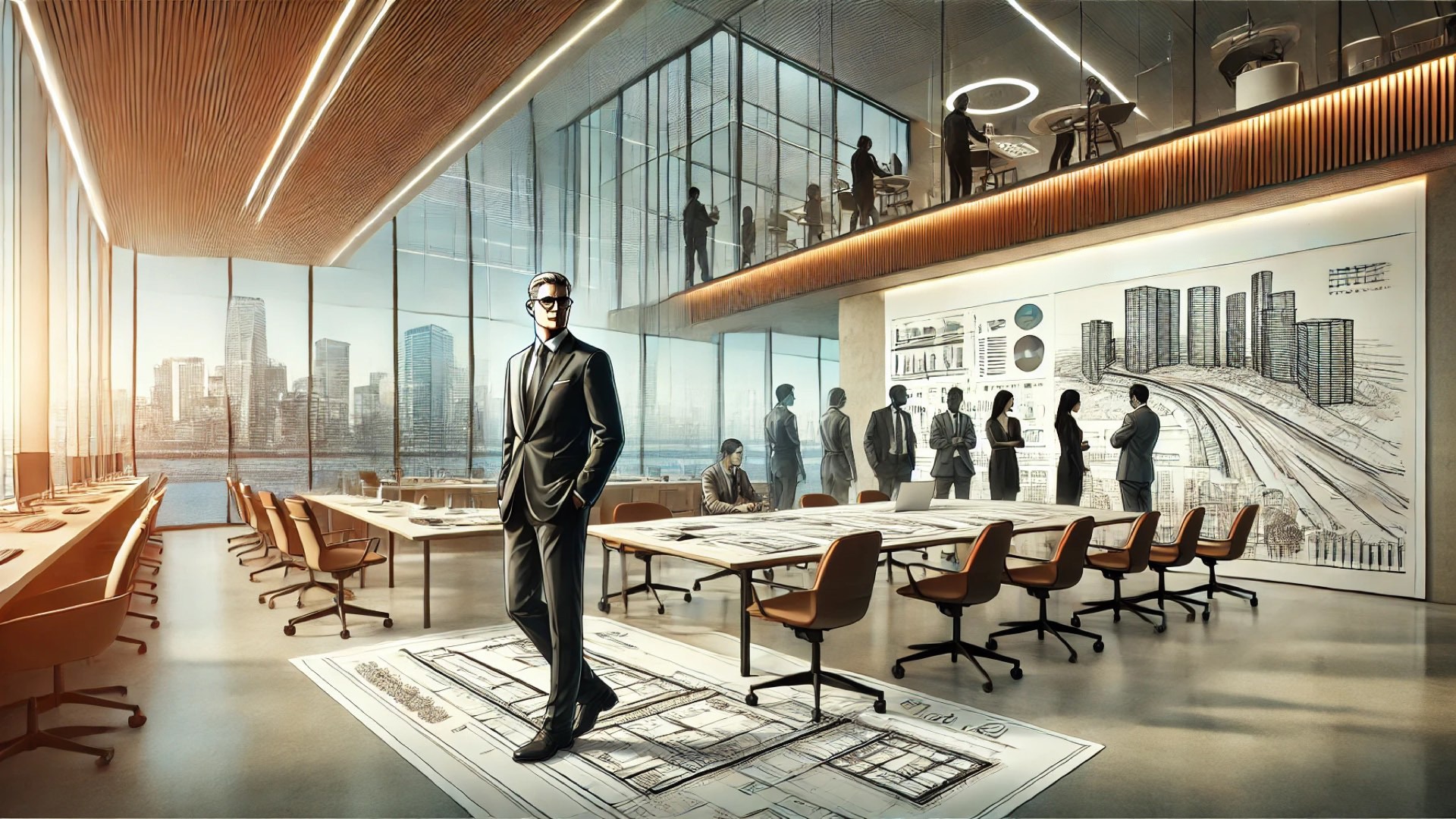 capturing the essence of a modern architectural office, highlighting leadership, collaboration, and innovation
