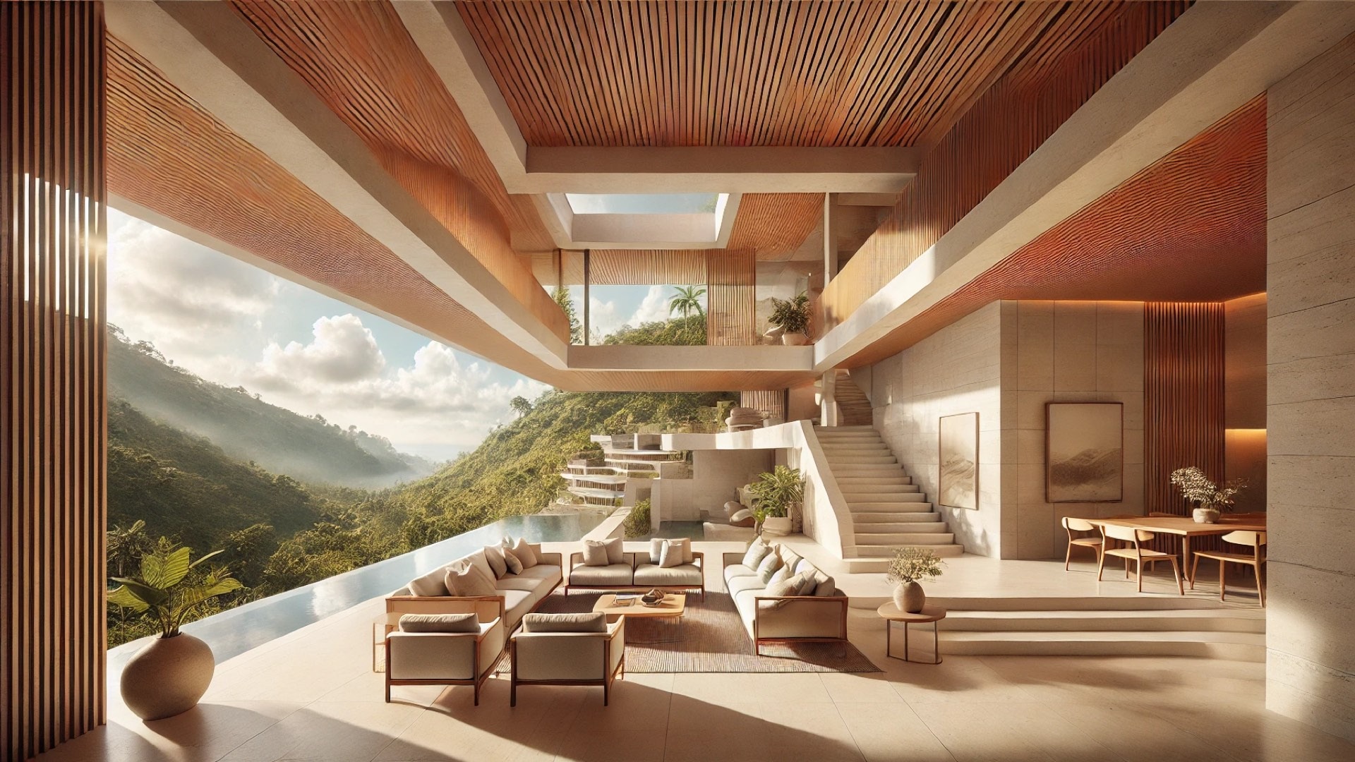 Villa Boë, featuring warm materials, terraced spatial flow, and serene hillside views