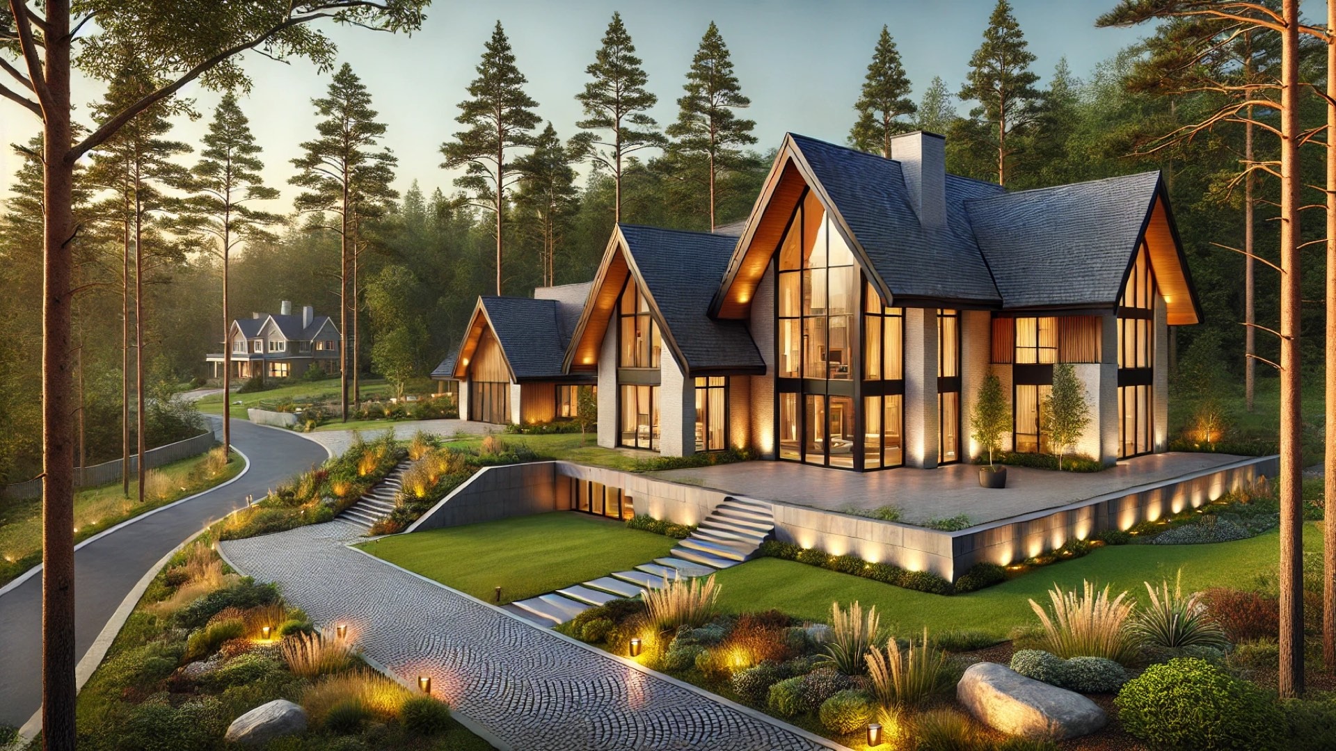 upscale home featuring a distinctive asphalt shingle roofing in a refined natural setting