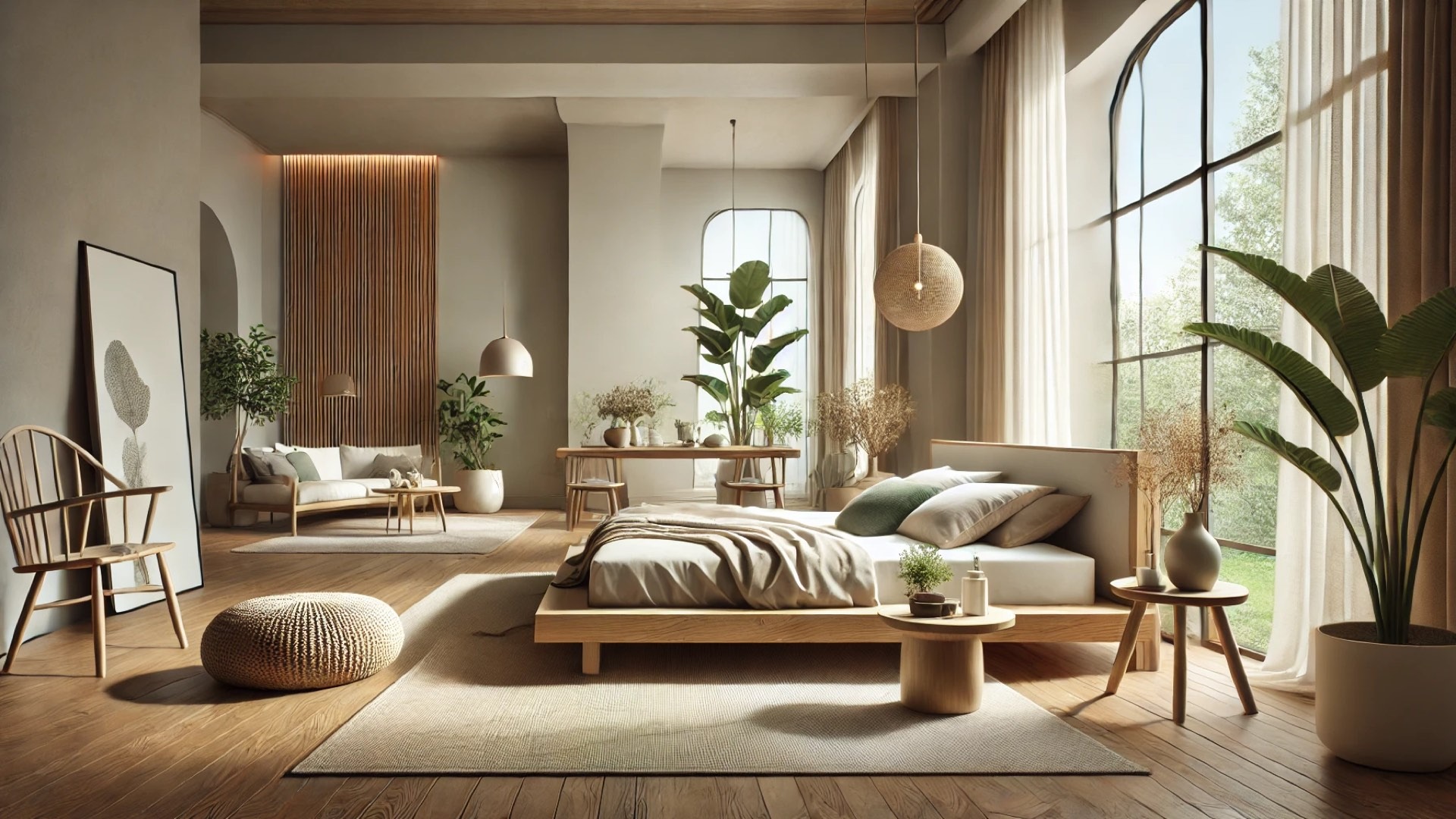 serene, sustainable bedroom with a non-toxic, reclaimed wood bed frame