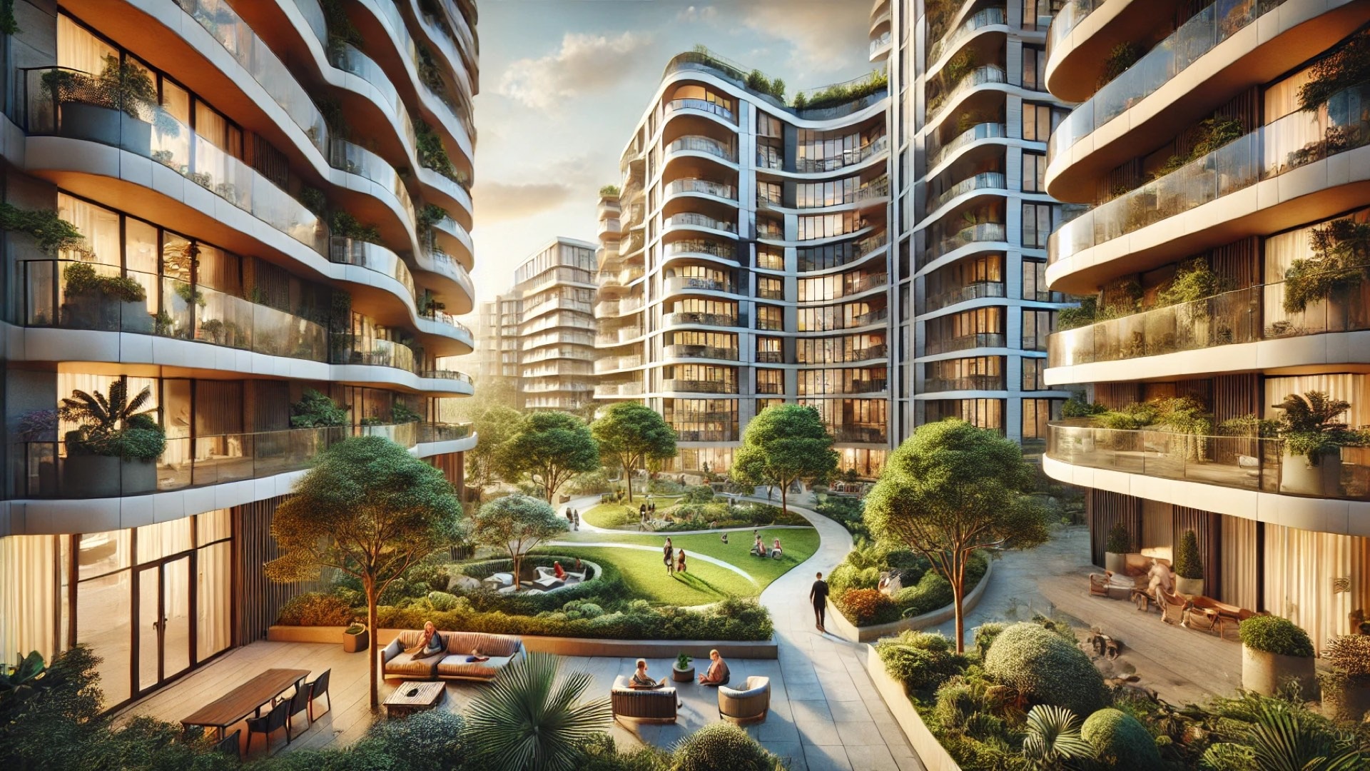 Affordable Housing in Amsterdam showing modern apartment complex with garden courtyard.