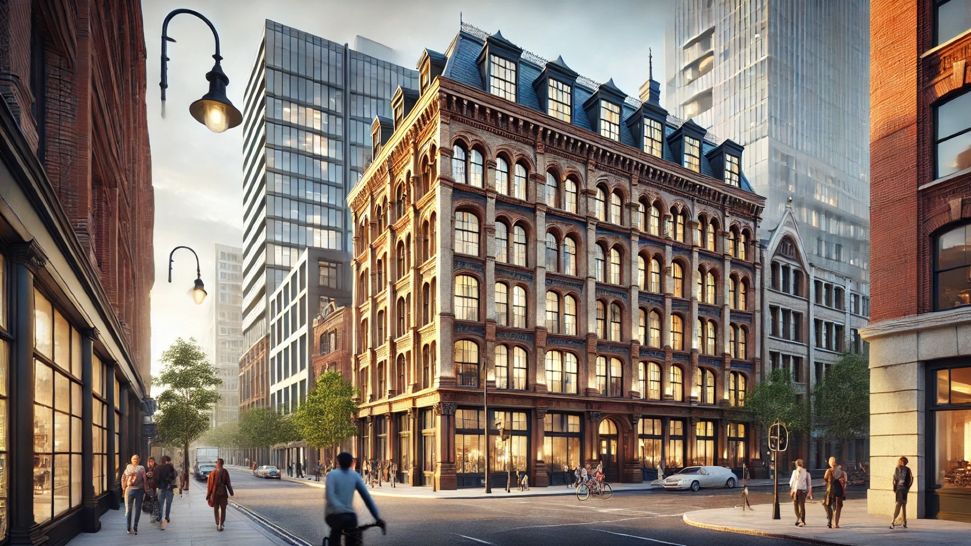modern interpretation of 19th-century brick architecture in a vibrant city setting