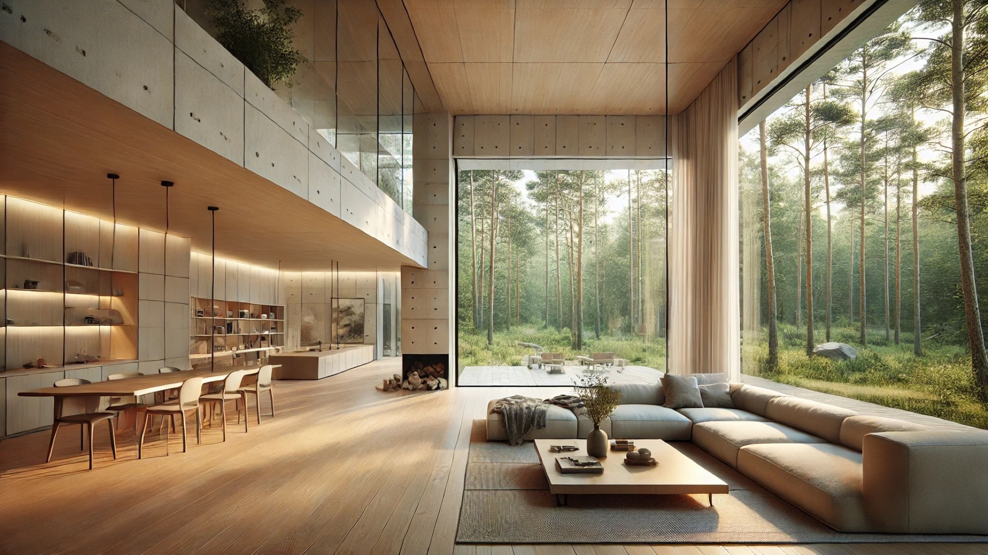 Lekeciu House, capturing its serene connection with the surrounding woodland and modern architectural elegance