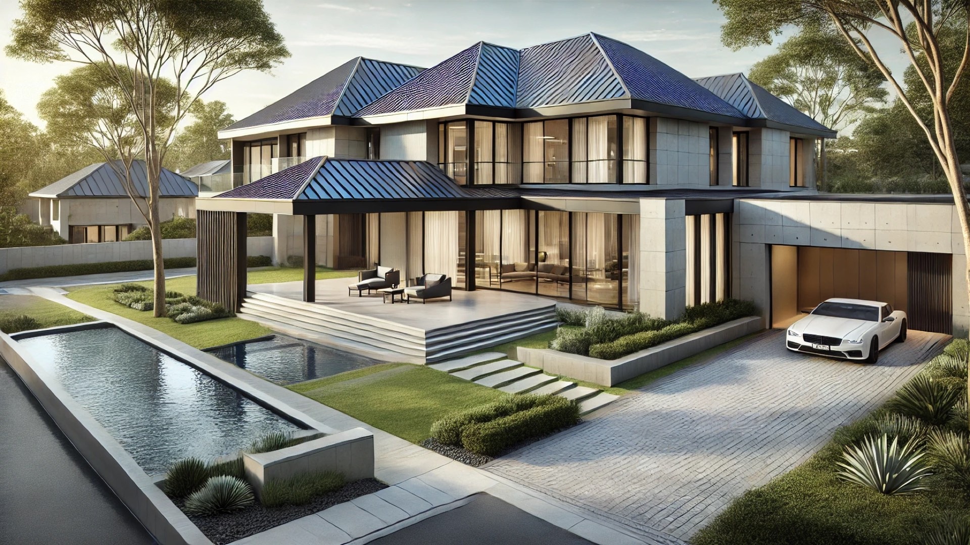 upscale luxury home with a sleek metal roof, designed to showcase refined architecture and premium finishes