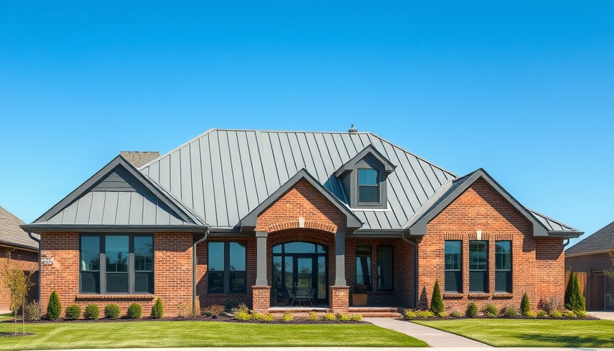 Elegant home with grey metal roofing for effortless curb appeal, showcasing sleek design and manicured lawn.