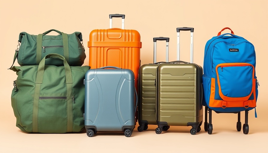 Variety of eco-friendly luggage brands in assorted colors on beige.