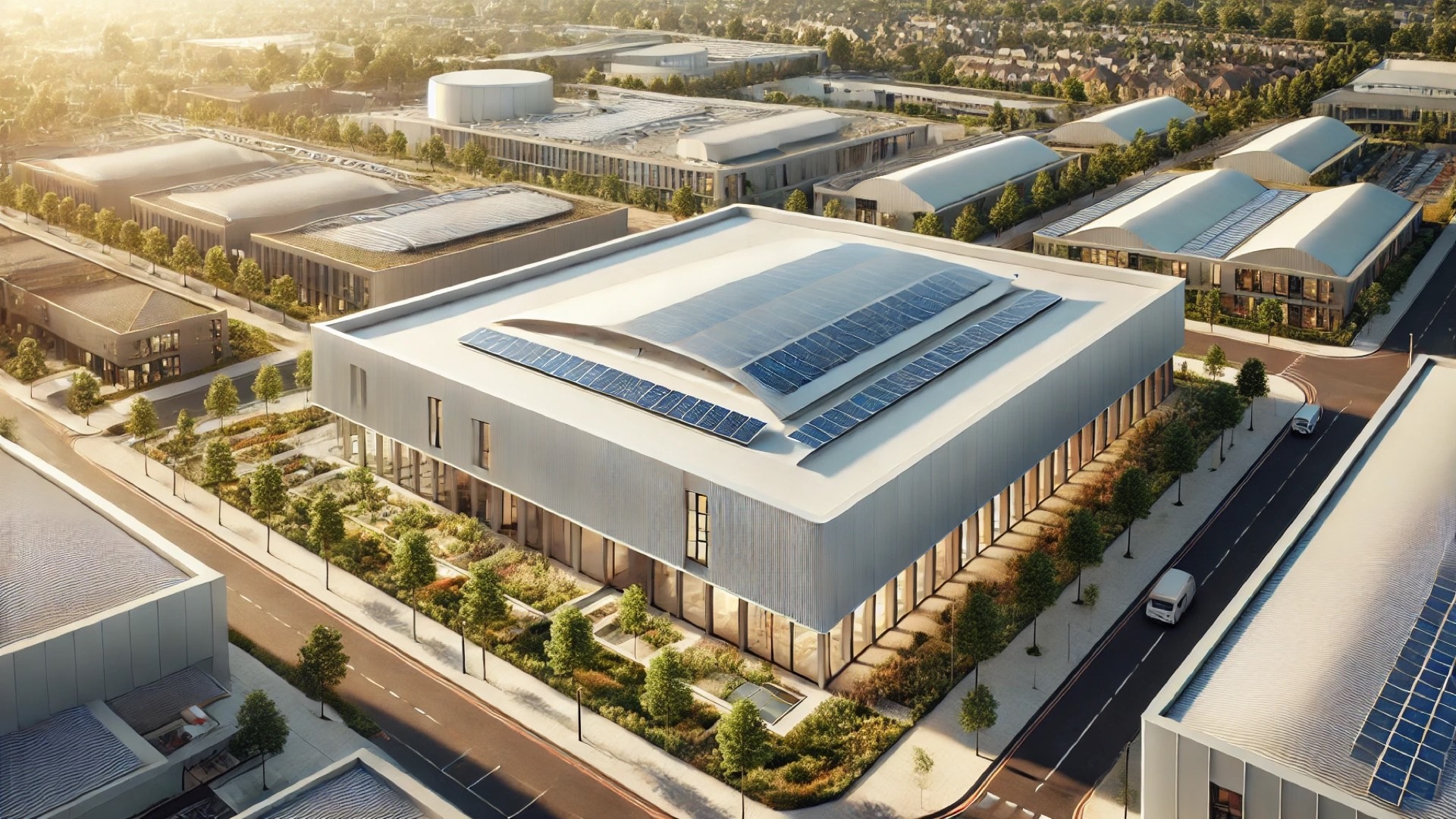 showcasing an ultra-modern building with a sustainable, single-ply membrane roofing system—designed to reflect the vision of zero-carbon architecture in the UK