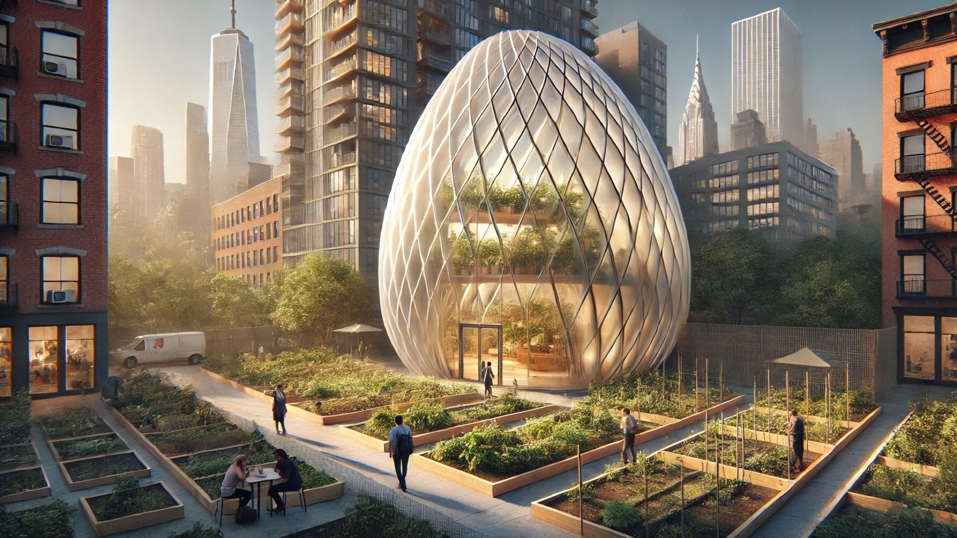 Ellipse Greenhouse in an urban Brooklyn setting, highlighting its unique ellipsoidal form, sustainable design, and community atmosphere