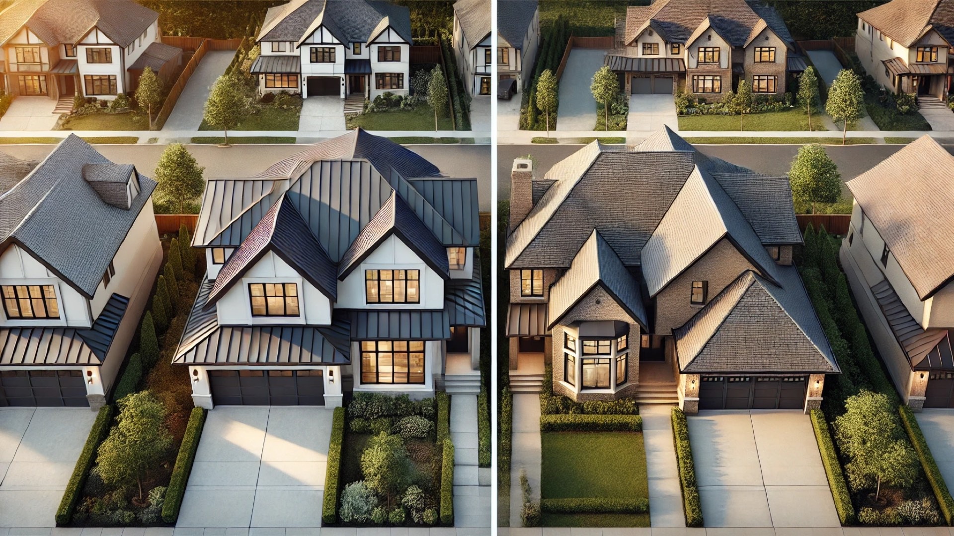 visual comparison between upscale homes with metal roofing and asphalt shingles
