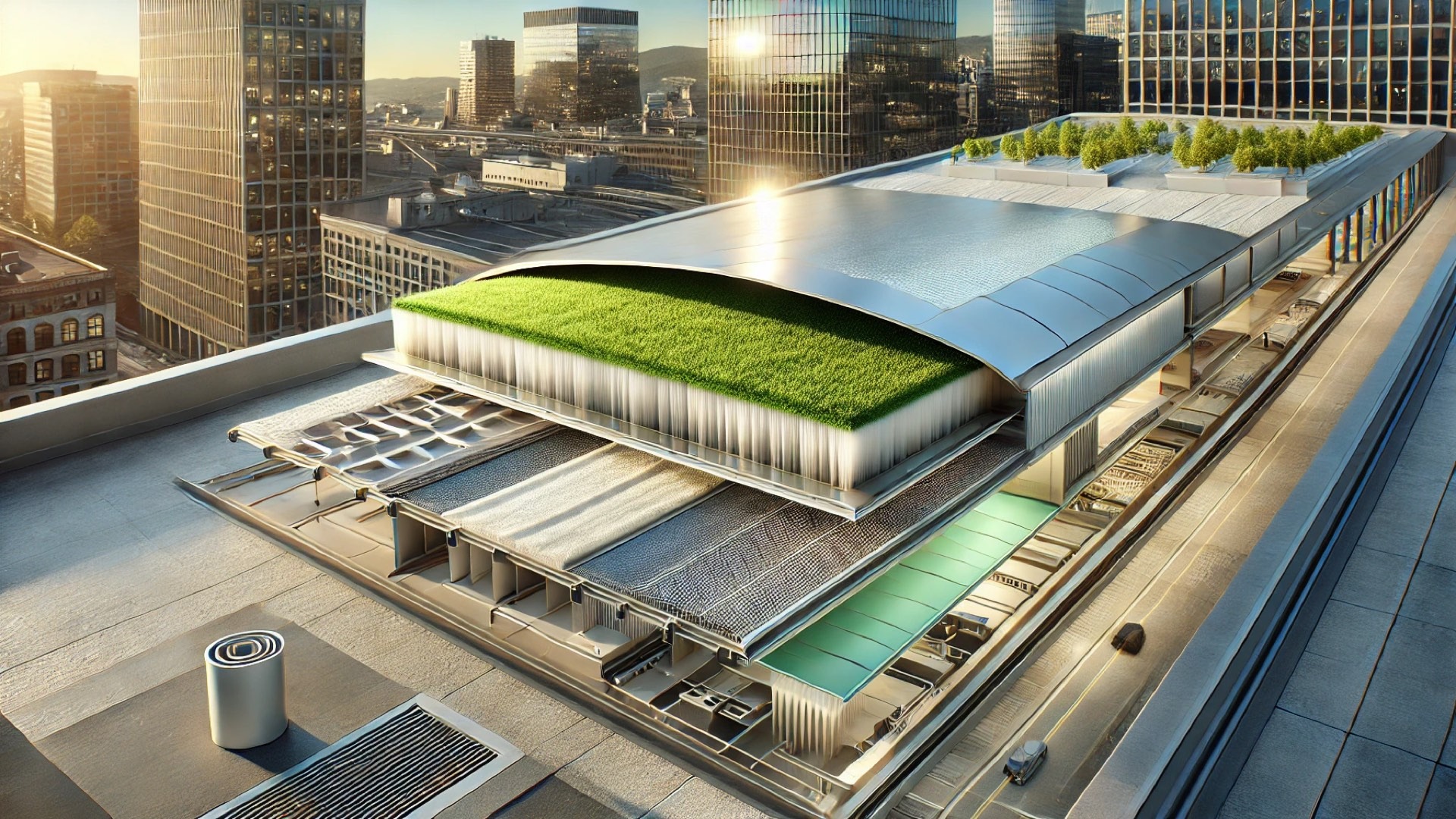 innovative roofing system with microfibre technology integrated into a sustainable, modern urban setting