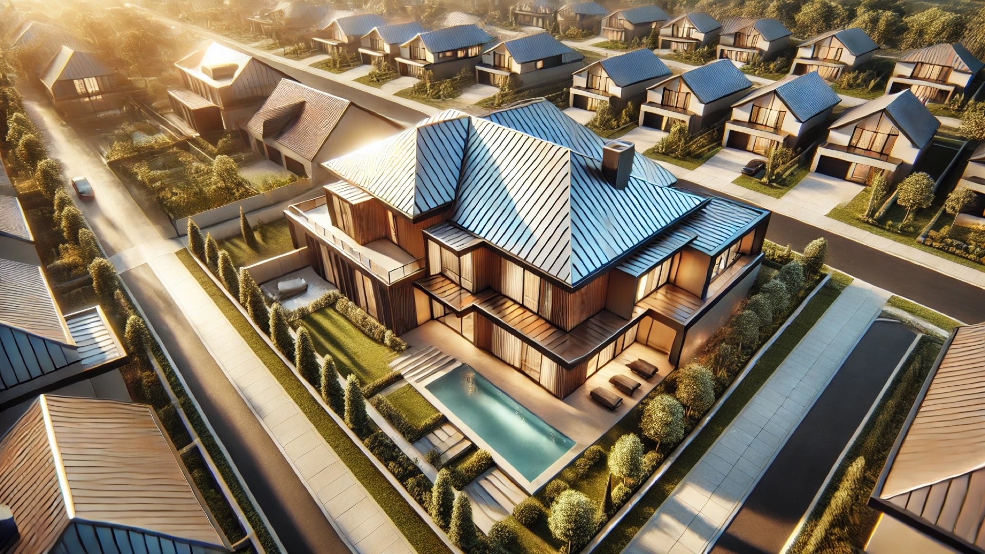 luxury home with a standing seam metal roof, emphasizing the architectural detail and elegance