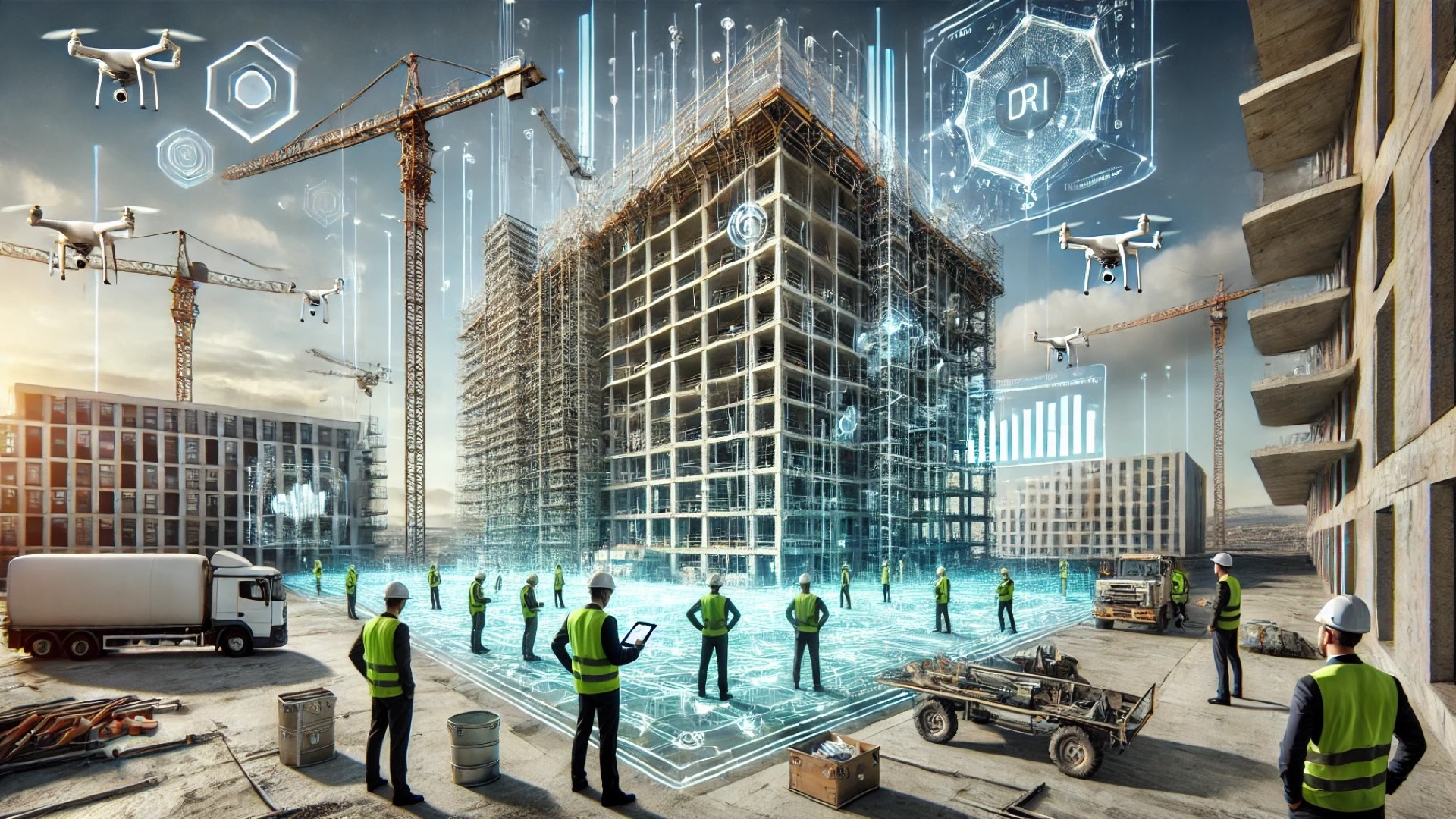 A futuristic construction site where managers review holographic plans as drones survey a sustainable high-rise under development