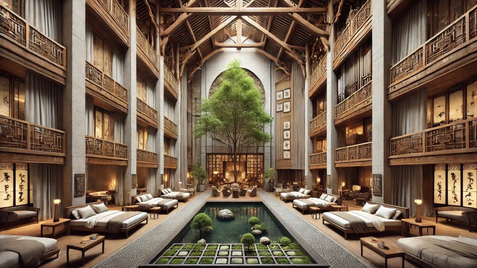 Jiangnan House, capturing the transformation of the historic Subei Cinema into a tranquil hotel that blends Yangzhou’s cultural heritage with modern design