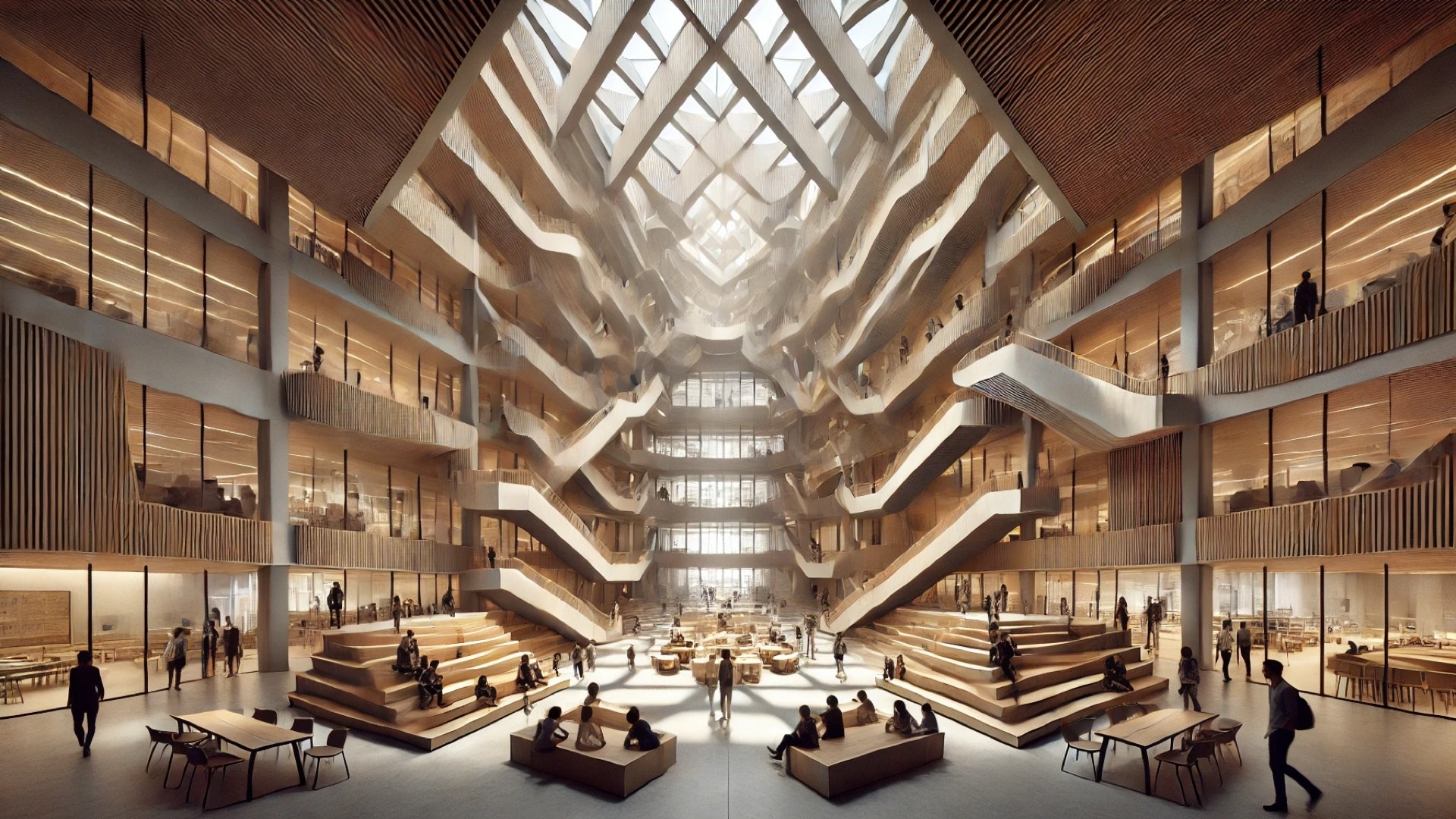 Robert Day Sciences Center, showing its dynamic rotated volumes, warm finishes, and collaborative spaces filled with natural light