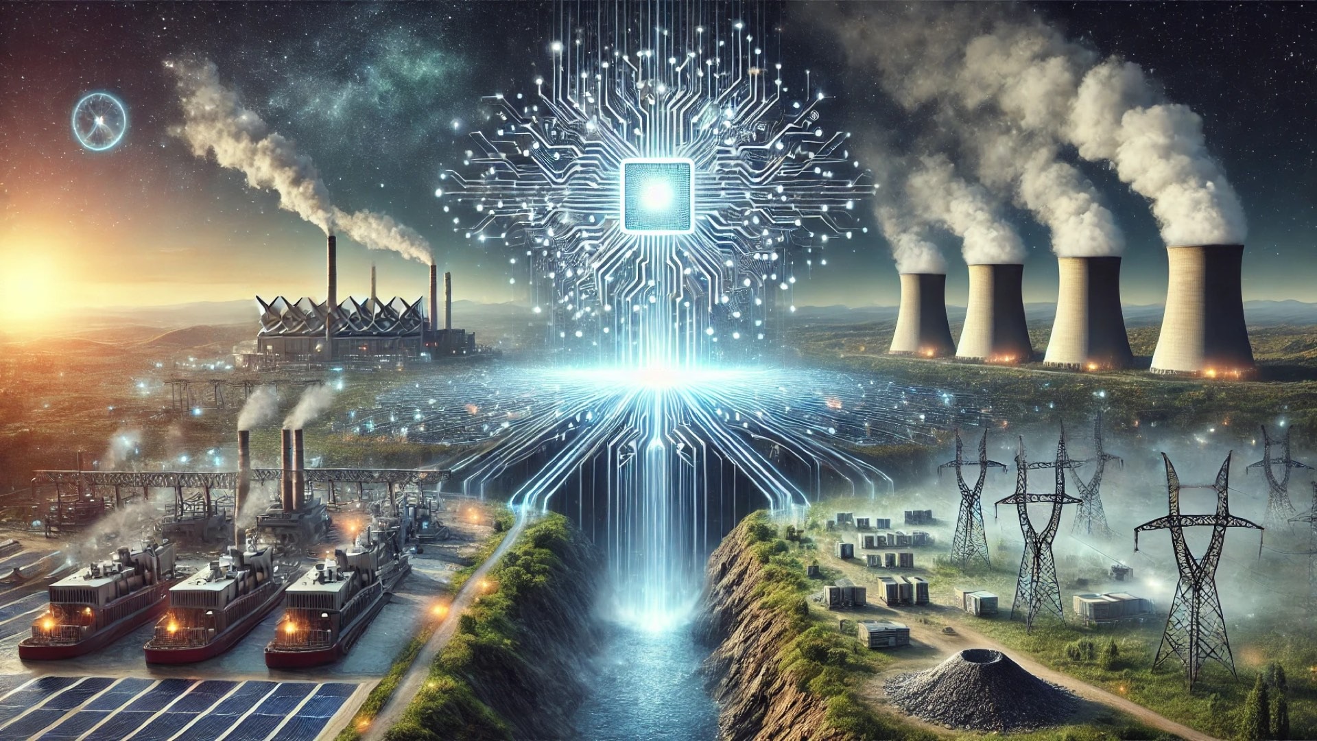 showing the duality of AI’s promise and its heavy environmental impact, balancing innovation with the strains of energy, water, and e-waste