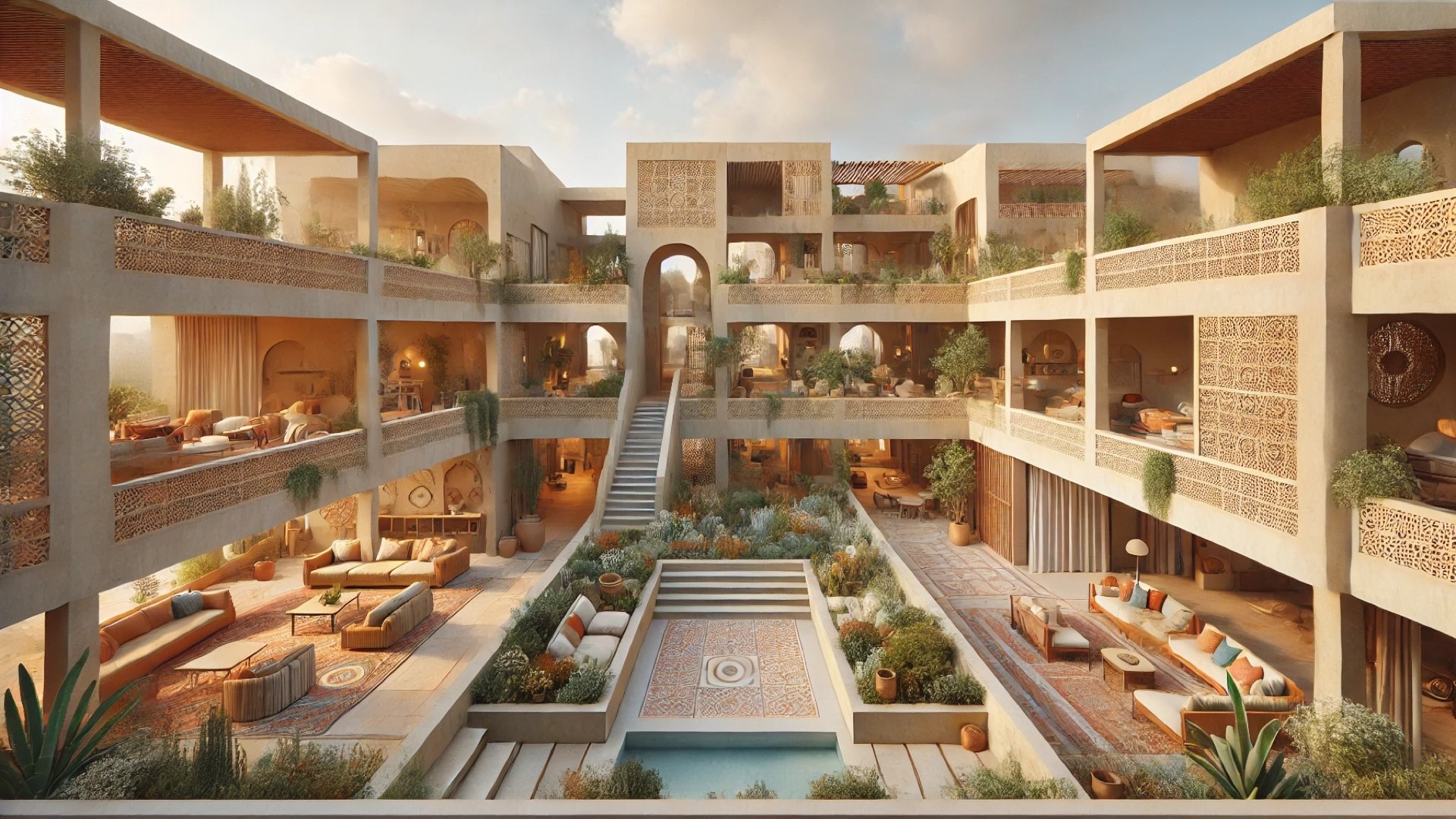 Homa House in Larnaca, capturing its earthy design, central courtyard, and Mediterranean–Mexican architectural blend