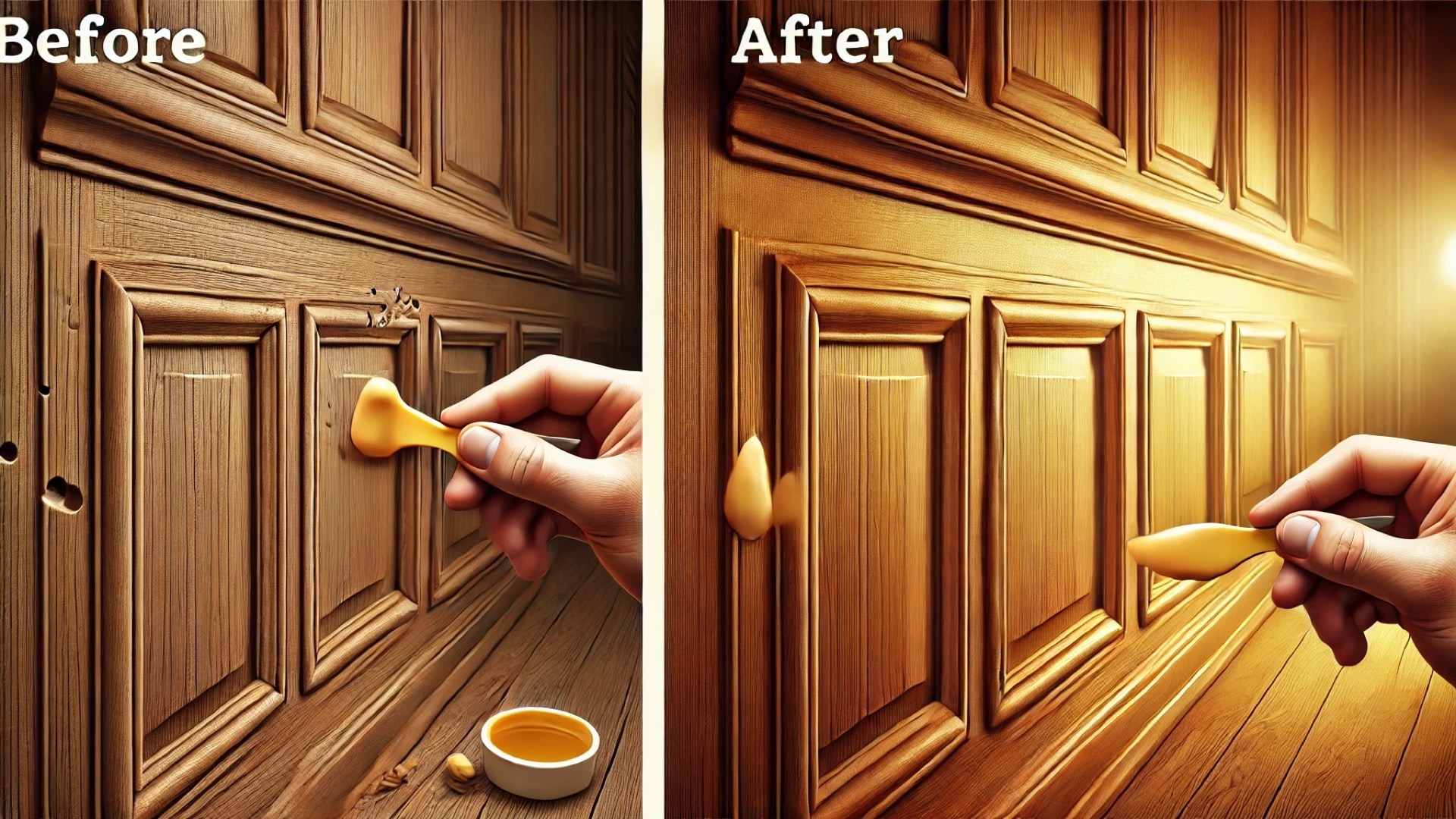 before-and-after comparison of wood trim, showing how glazing putty transforms nail holes into a seamless, polished finish