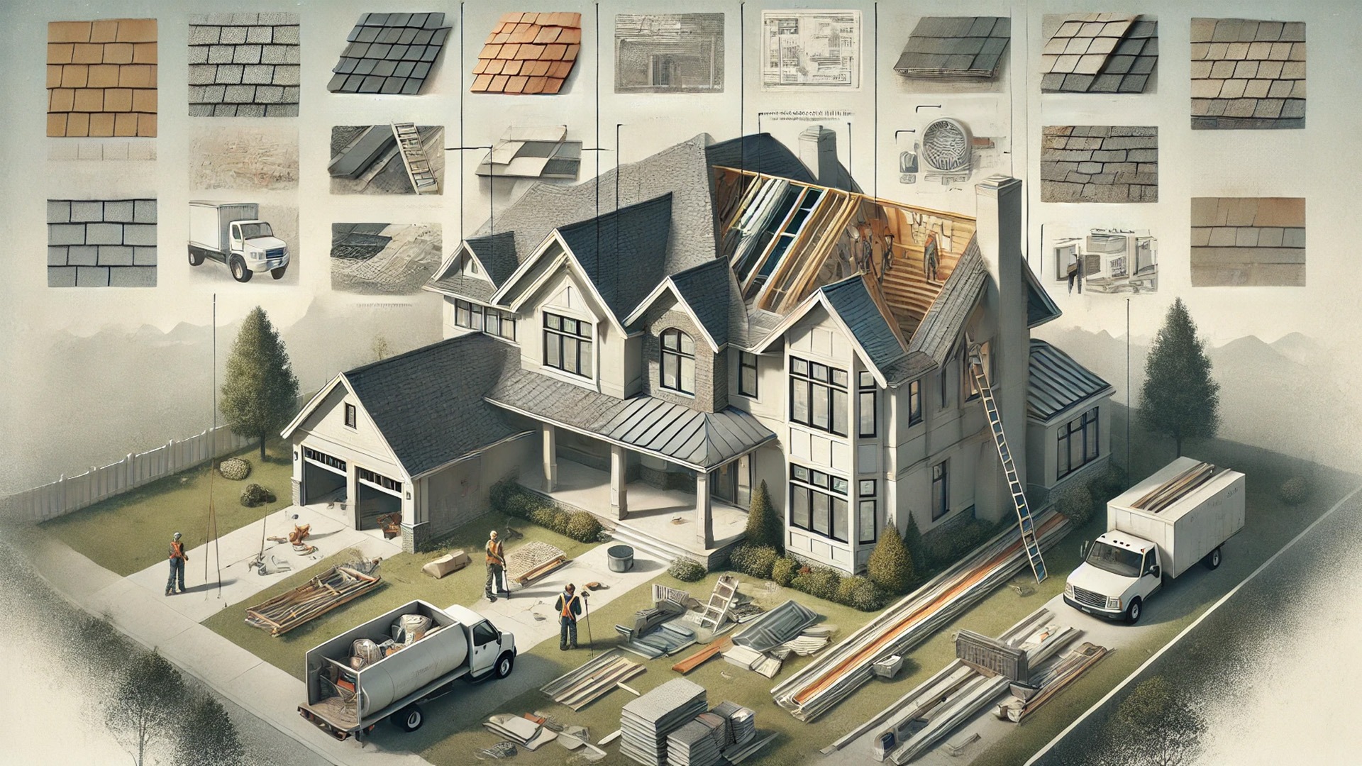 illustration showing roof replacement as both a financial and design decision, highlighting material options, craftsmanship, and hidden costs