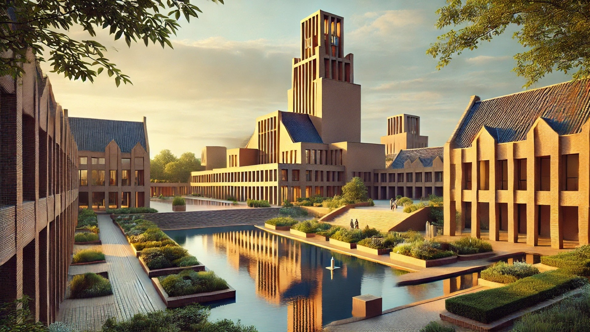 Hilversum Town Hall, highlighting its iconic brick tower, reflective ponds, and geometric modernist design surrounded by greenery