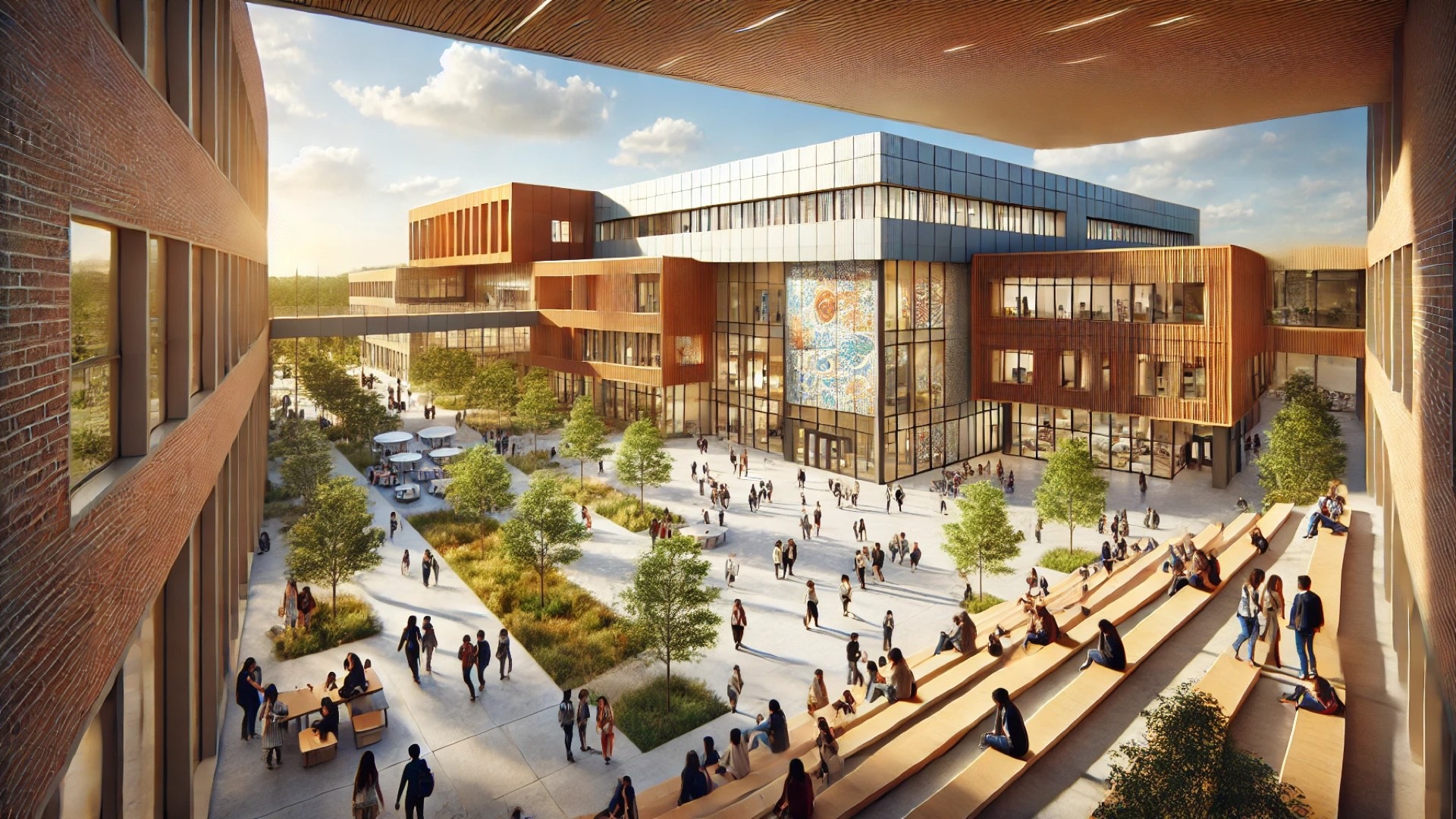 West Charlotte High School campus, with its modern campus design, community-centered courtyard, and architectural warmth