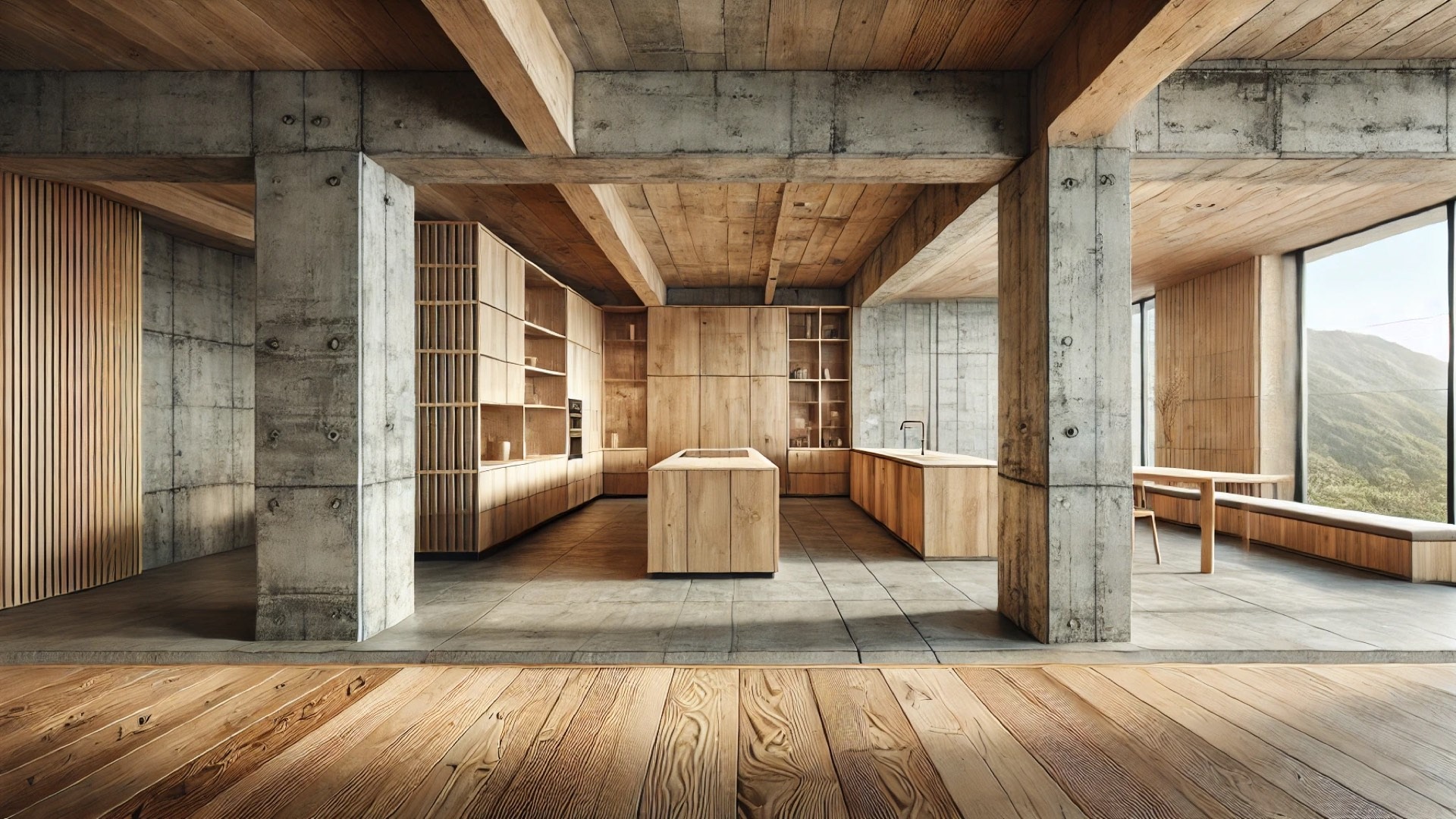 capturing the interplay of exposed wood and concrete in modern interior design — showcasing warmth, texture, and minimalist sophistication
