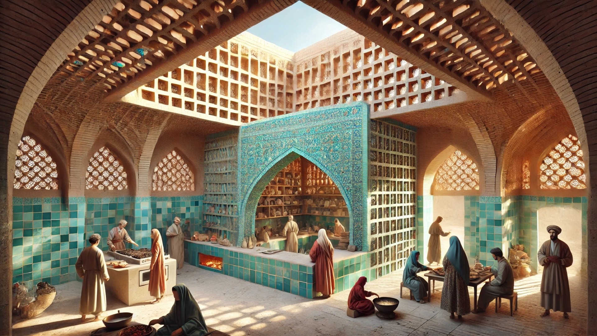 Aghajoon Kitchen in Khalilabad, Yazd, depicting its warm brick architecture, turquoise tiles, and communal atmosphere rooted in tradition and sustainability