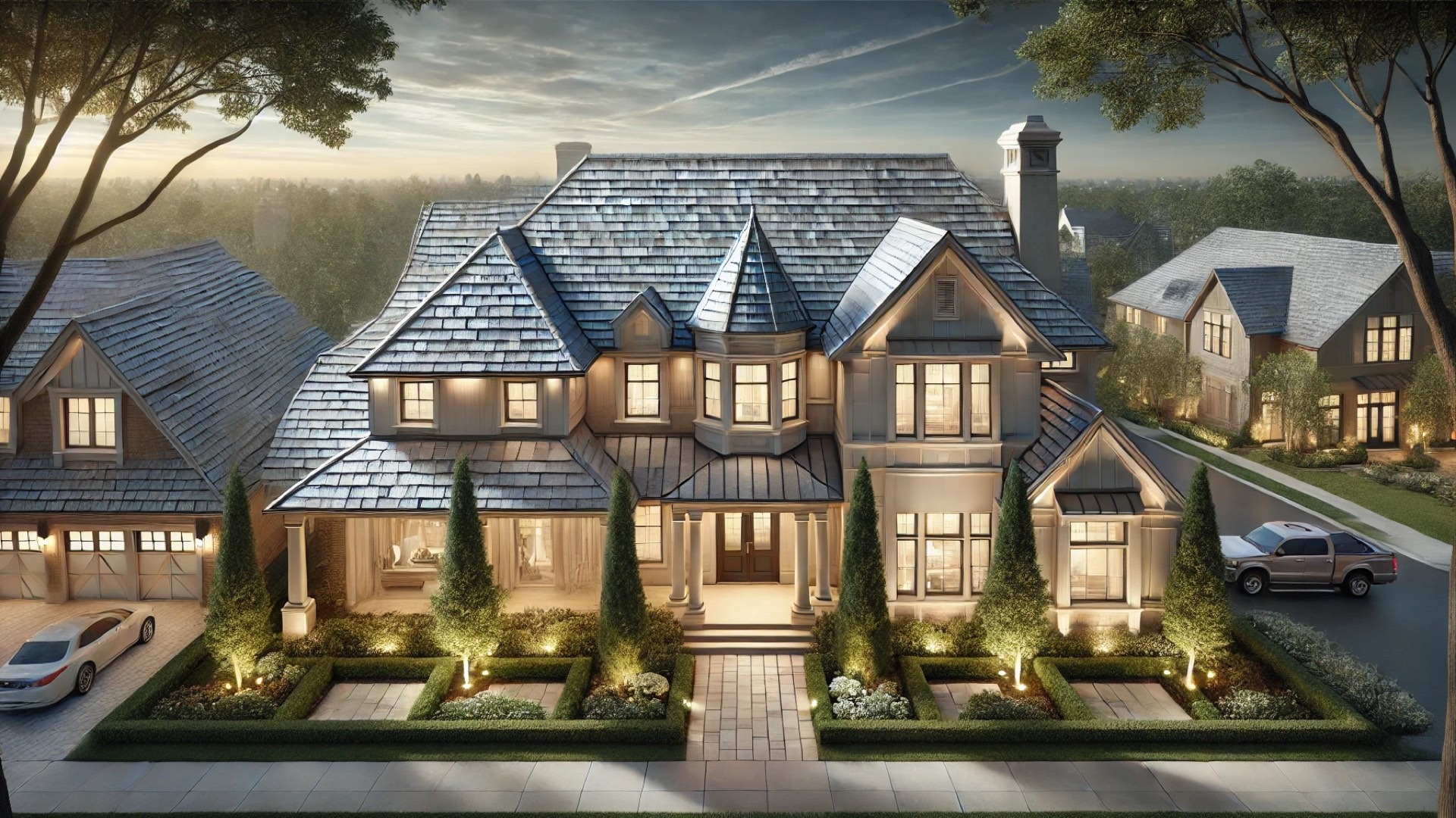 elegant upscale home featuring a DaVinci synthetic roof, showcasing its refined texture, craftsmanship, and durability in a luxurious residential setting