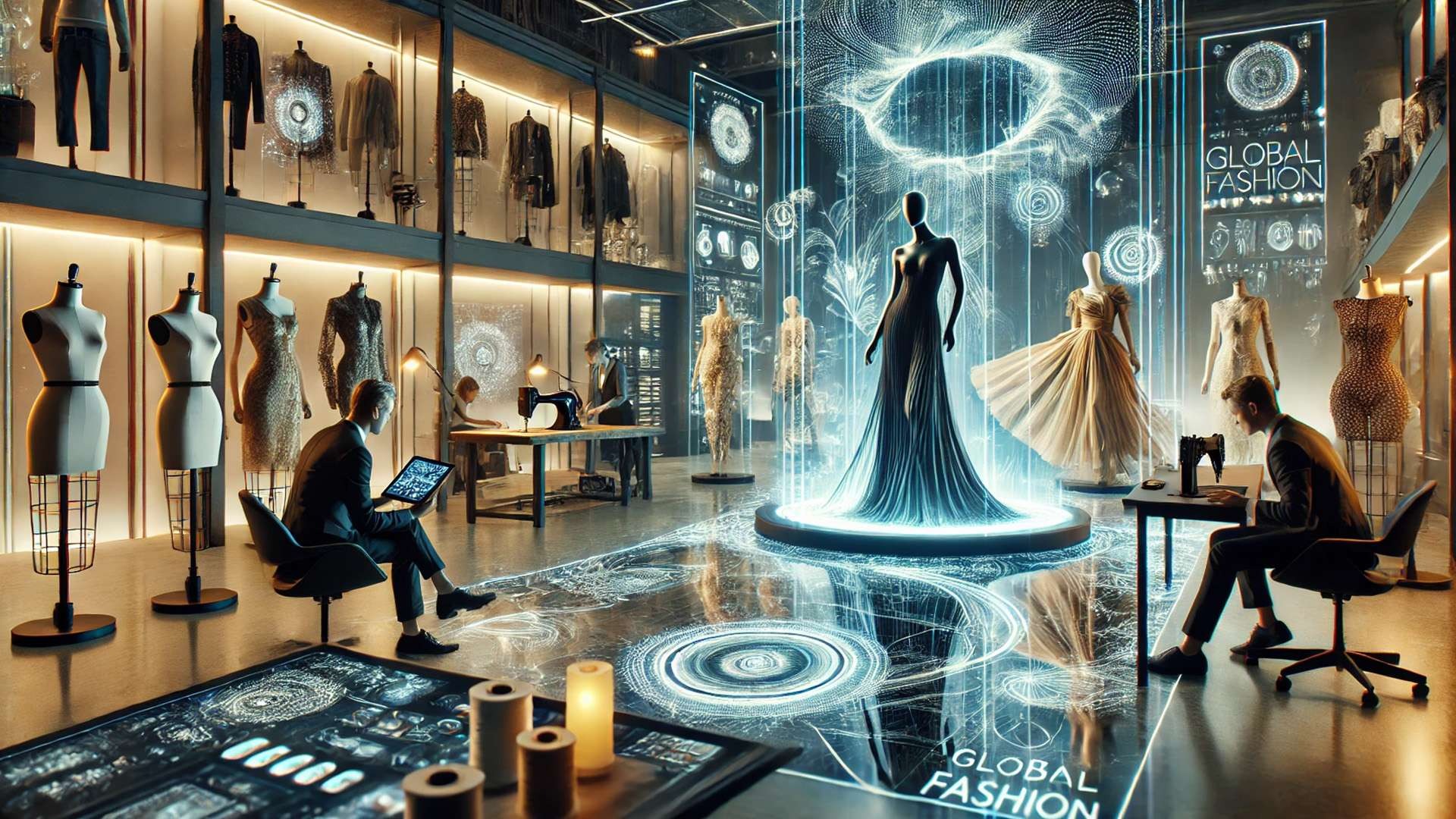 Futuristic fashion design studio where designers collaborate with artificial intelligence using holographic clothing models, mannequins, and digital data displays in a high-tech creative environment.
