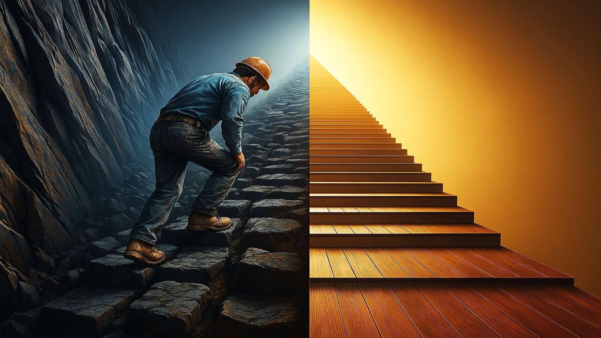 A dramatic split-screen shows a worker struggling up rough stone steps on one side and a smooth, brightly lit ramp on the other.