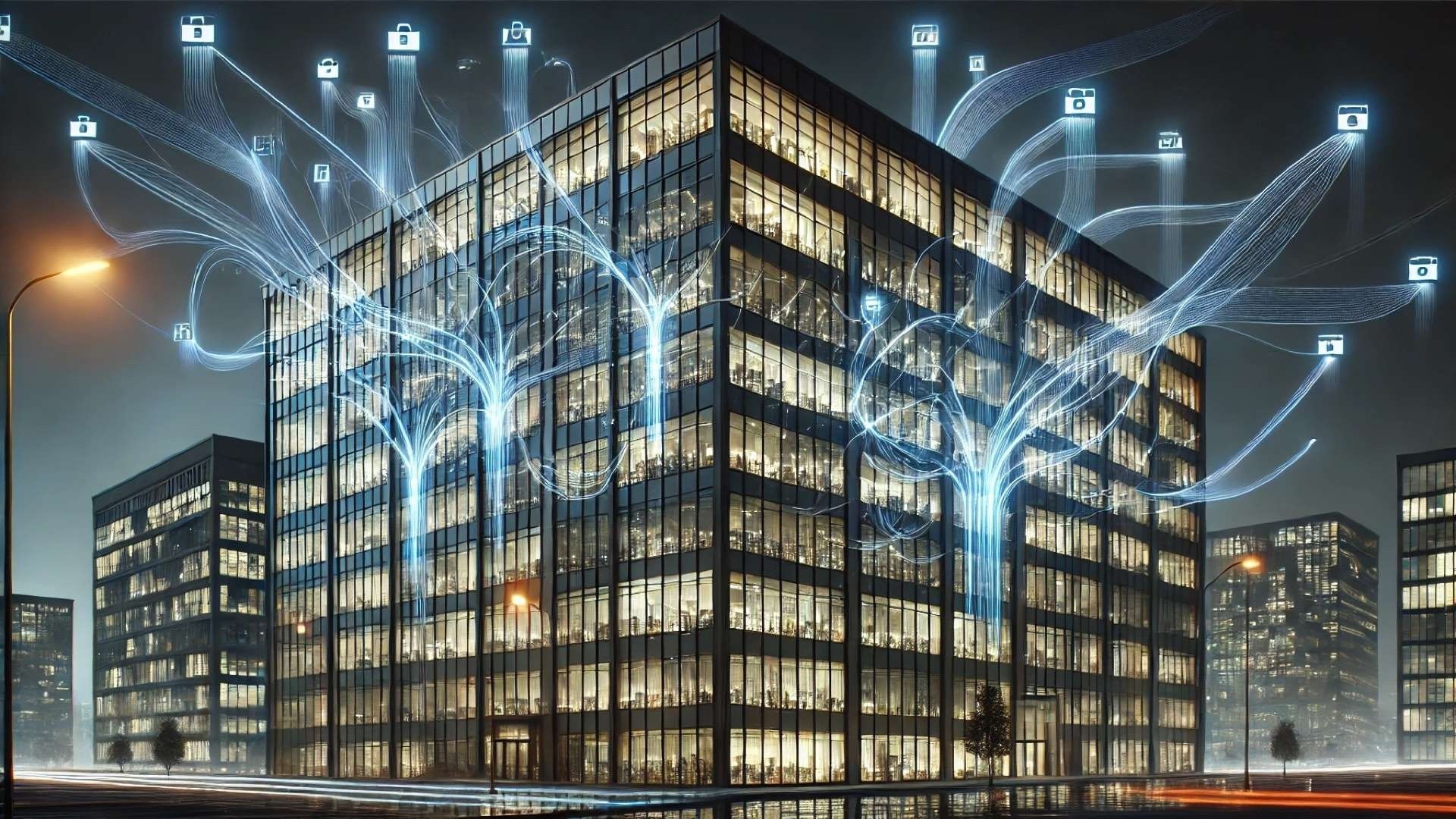 Large office building at night with glowing digital data streams branching outward, symbolizing how Angi leads are simultaneously distributed to multiple roofing contractors.