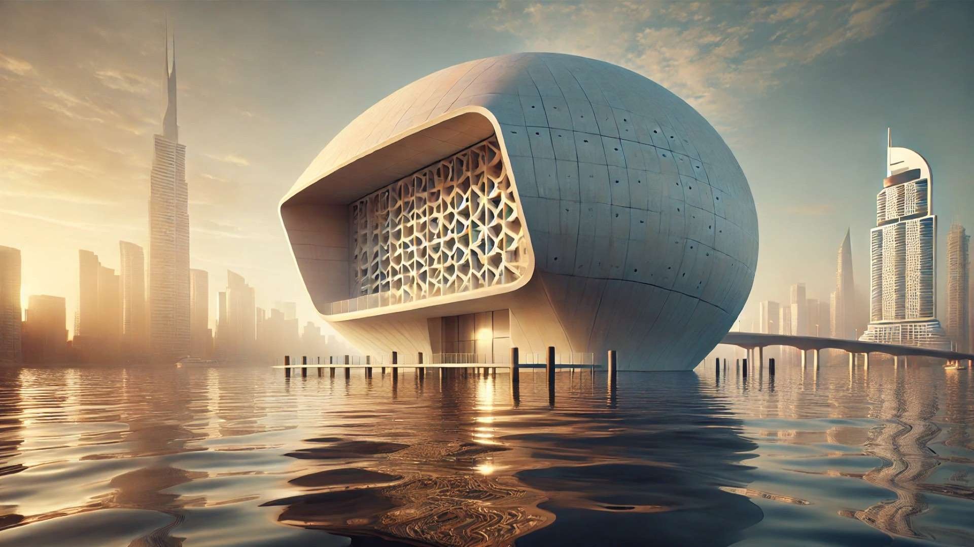 Tadao Ando’s envisioned Dubai Museum of Art floating above the serene waters of Dubai Creek, illuminated by warm sunset tones and defined by elegant geometric openings