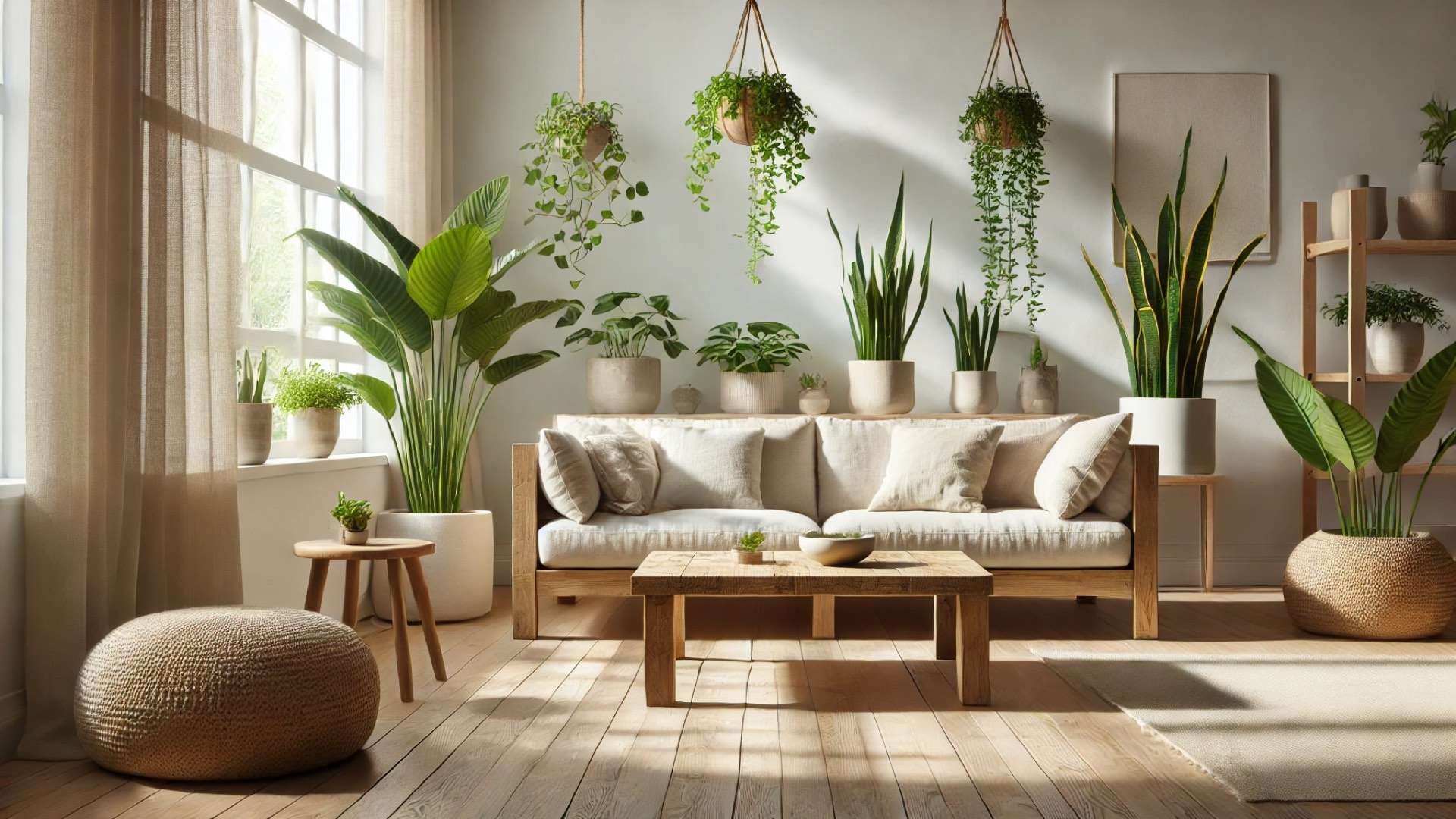 bright, sustainable living room interior showcasing non-toxic, eco-friendly furniture and a calm, wellness-focused atmosphere